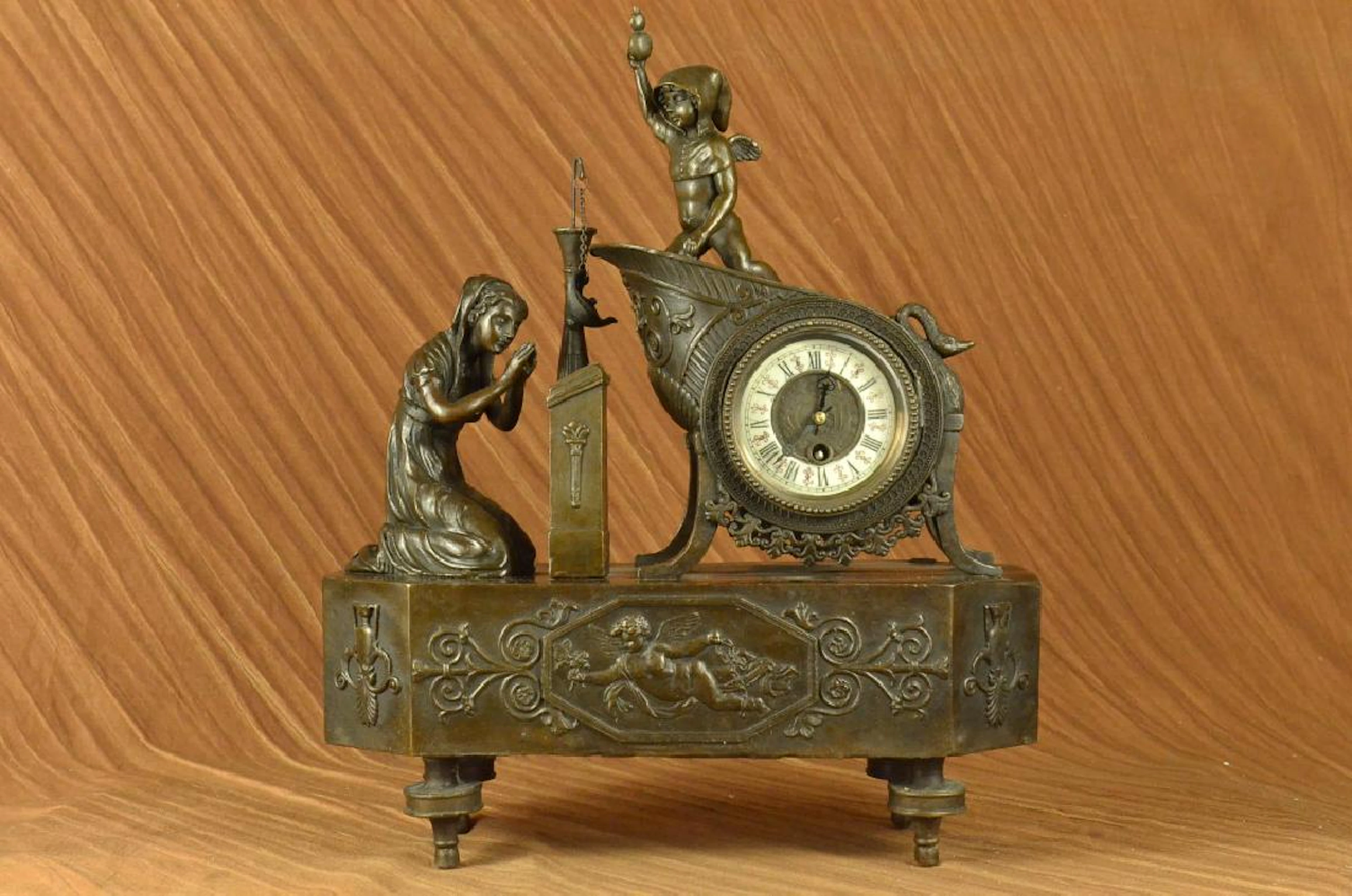 French Mantle Clock of Maiden and Cupid Bronze