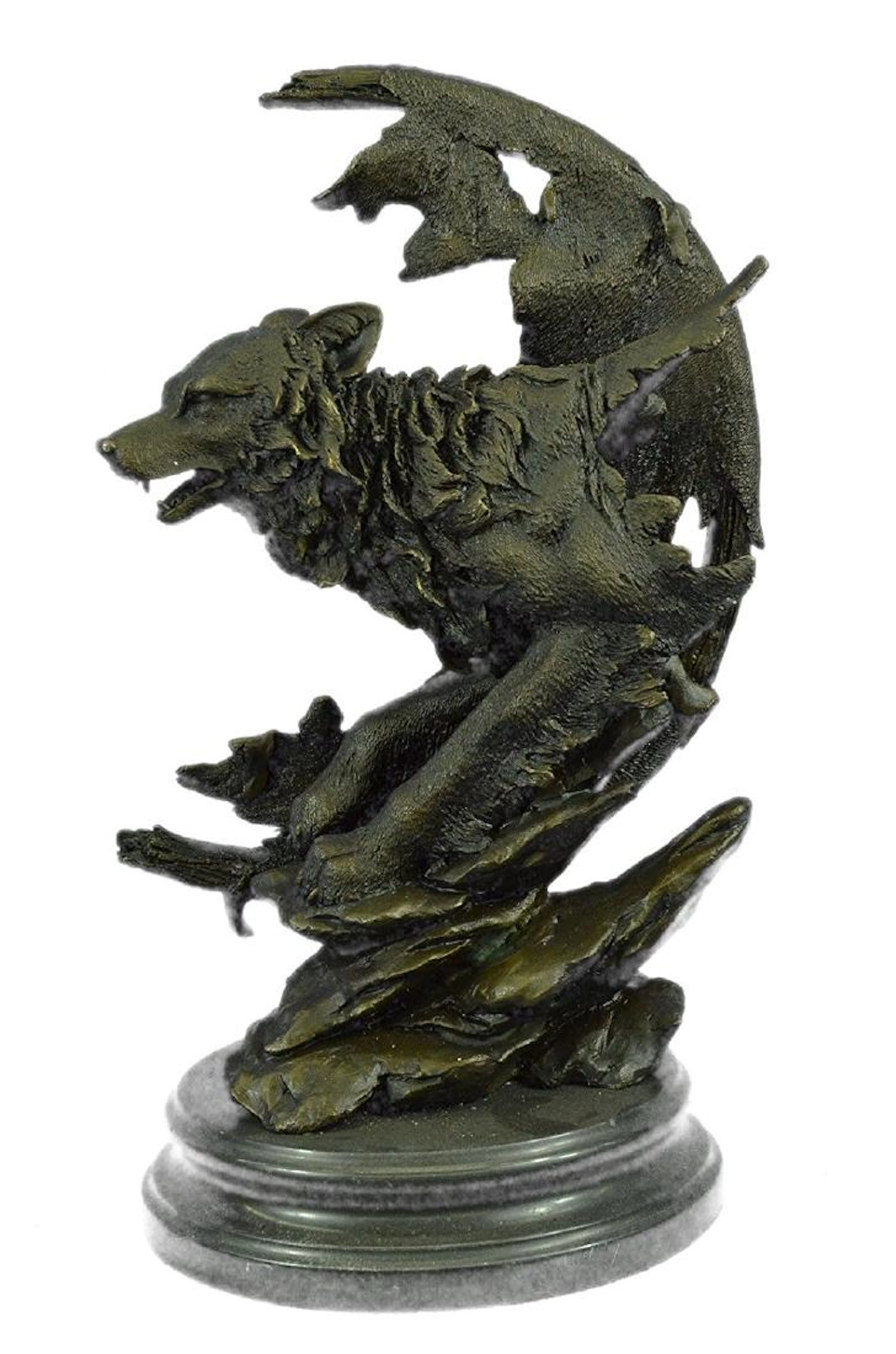 Celtic Moon Wolf Bronze Sculpture on Marble Base