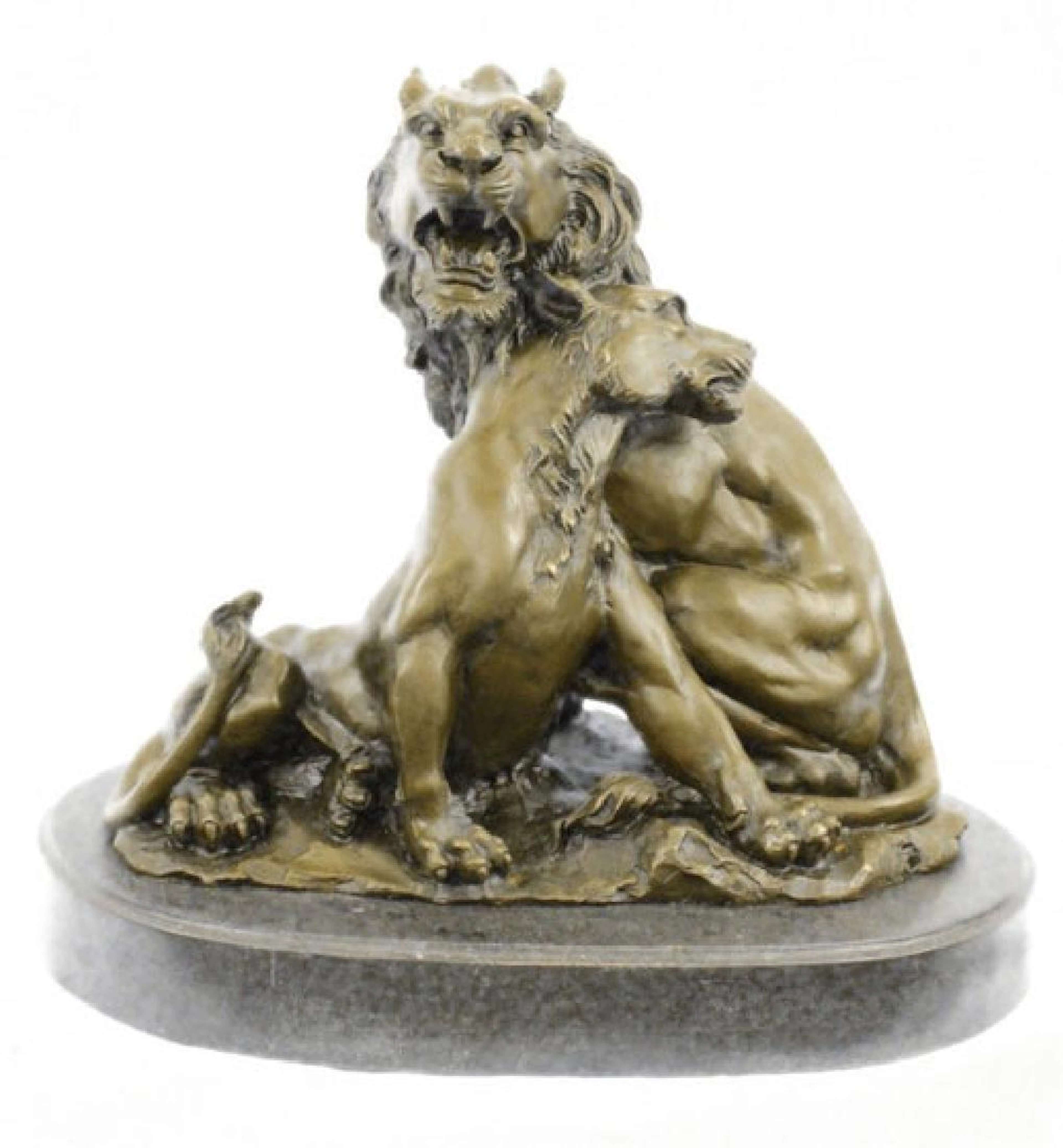 Relaxing Lions Bronze Statue on Marble Base Figurine