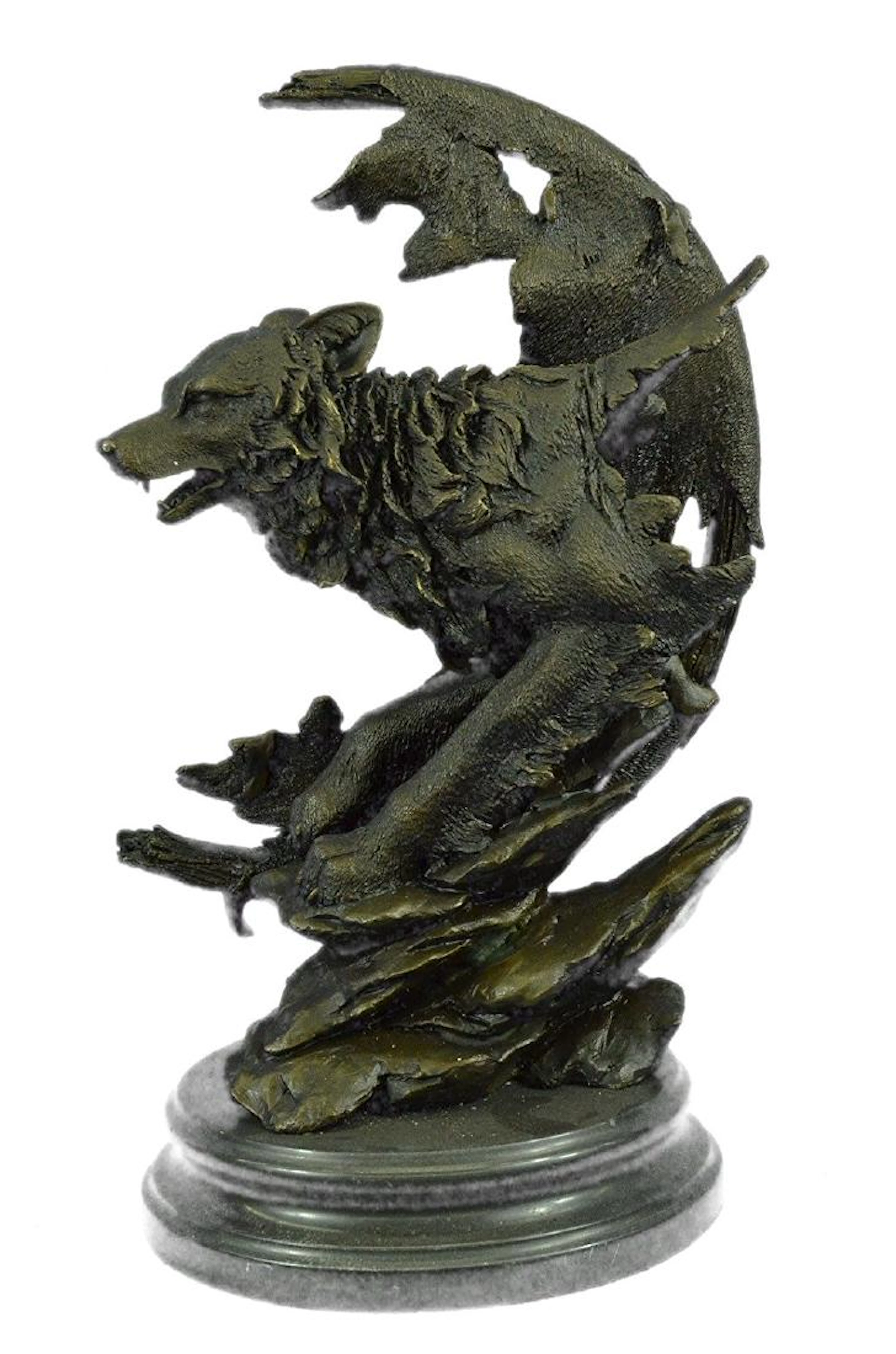 Celtic Moon Wolf Bronze Sculpture on Marble Base