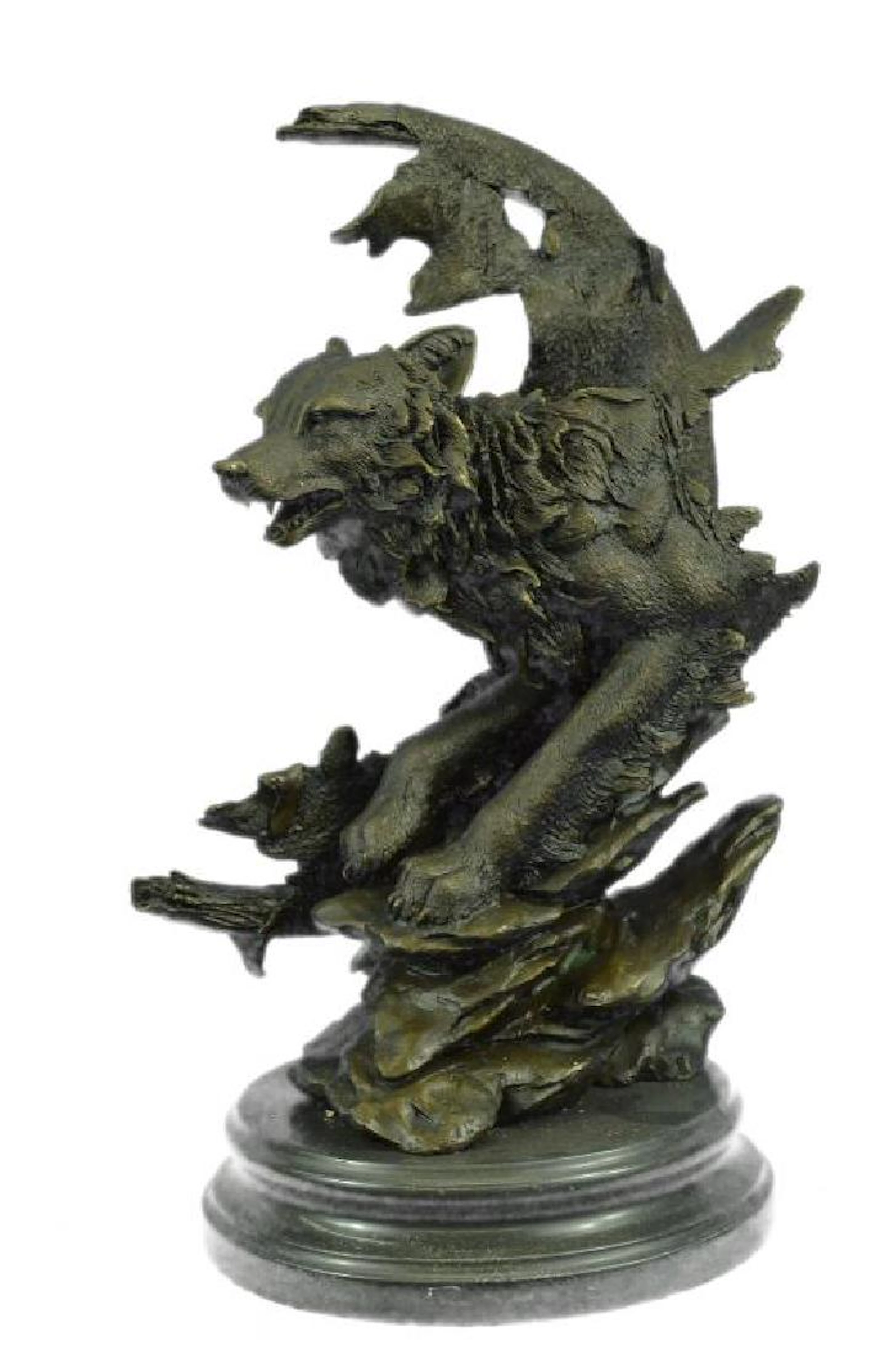Celtic Moon Wolf Bronze Sculpture on Marble Base
