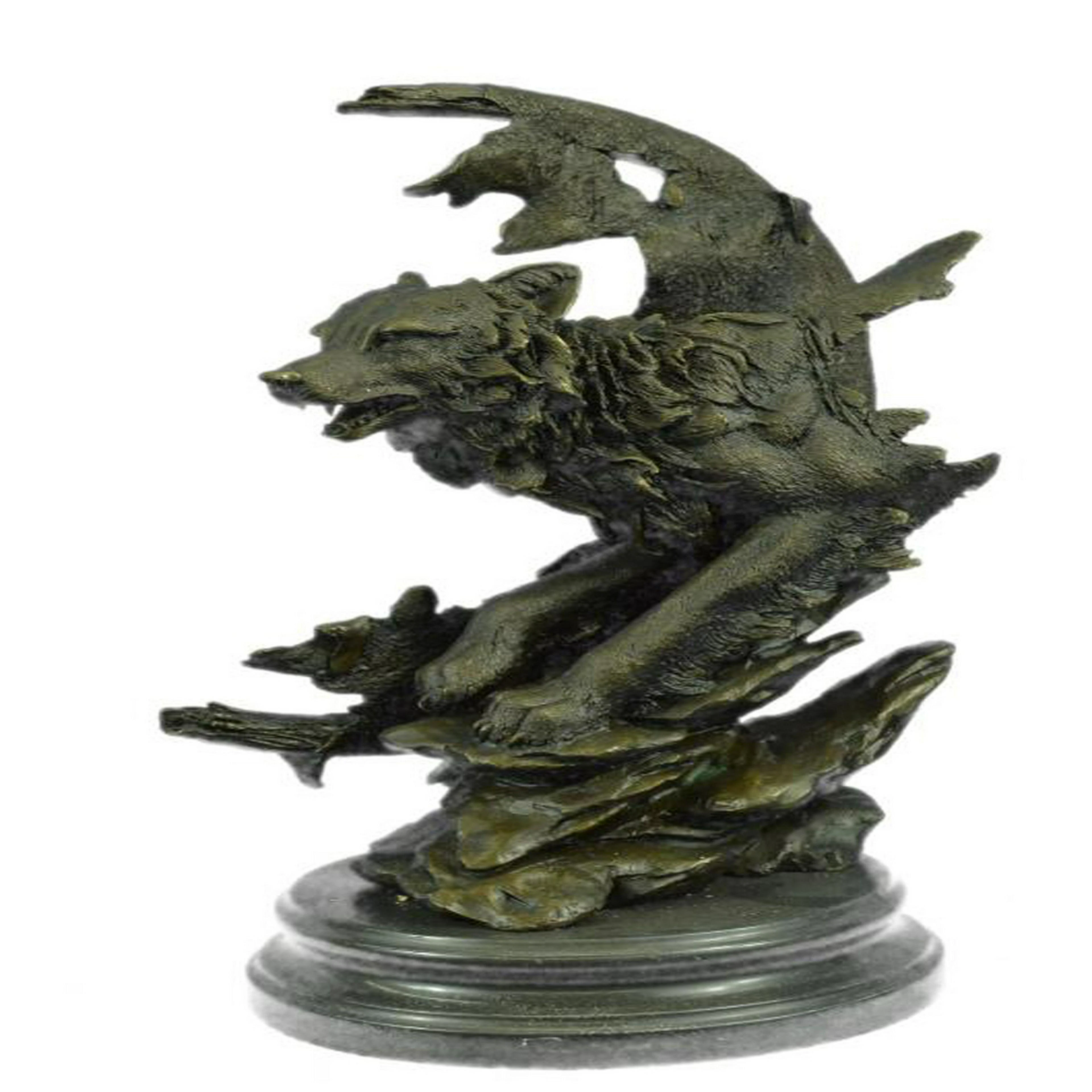 Celtic Moon Wolf Bronze Sculpture on Marble Base