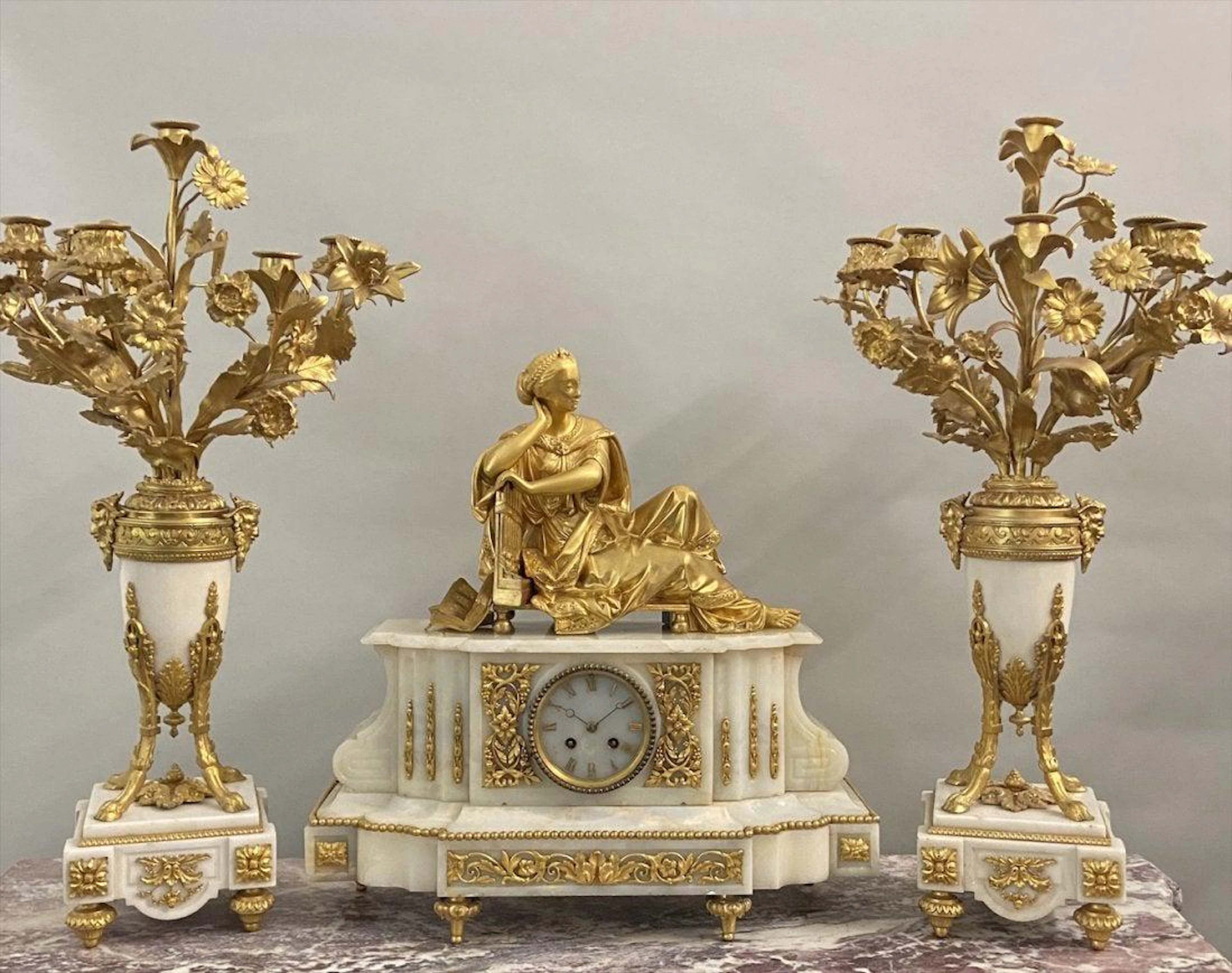 19TH C. DORE BRONZE AND MARBLE CLOCK SET