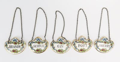 Five Coalport porcelain spirit labels, Brandy, Sherry, Gin,... | Barnebys