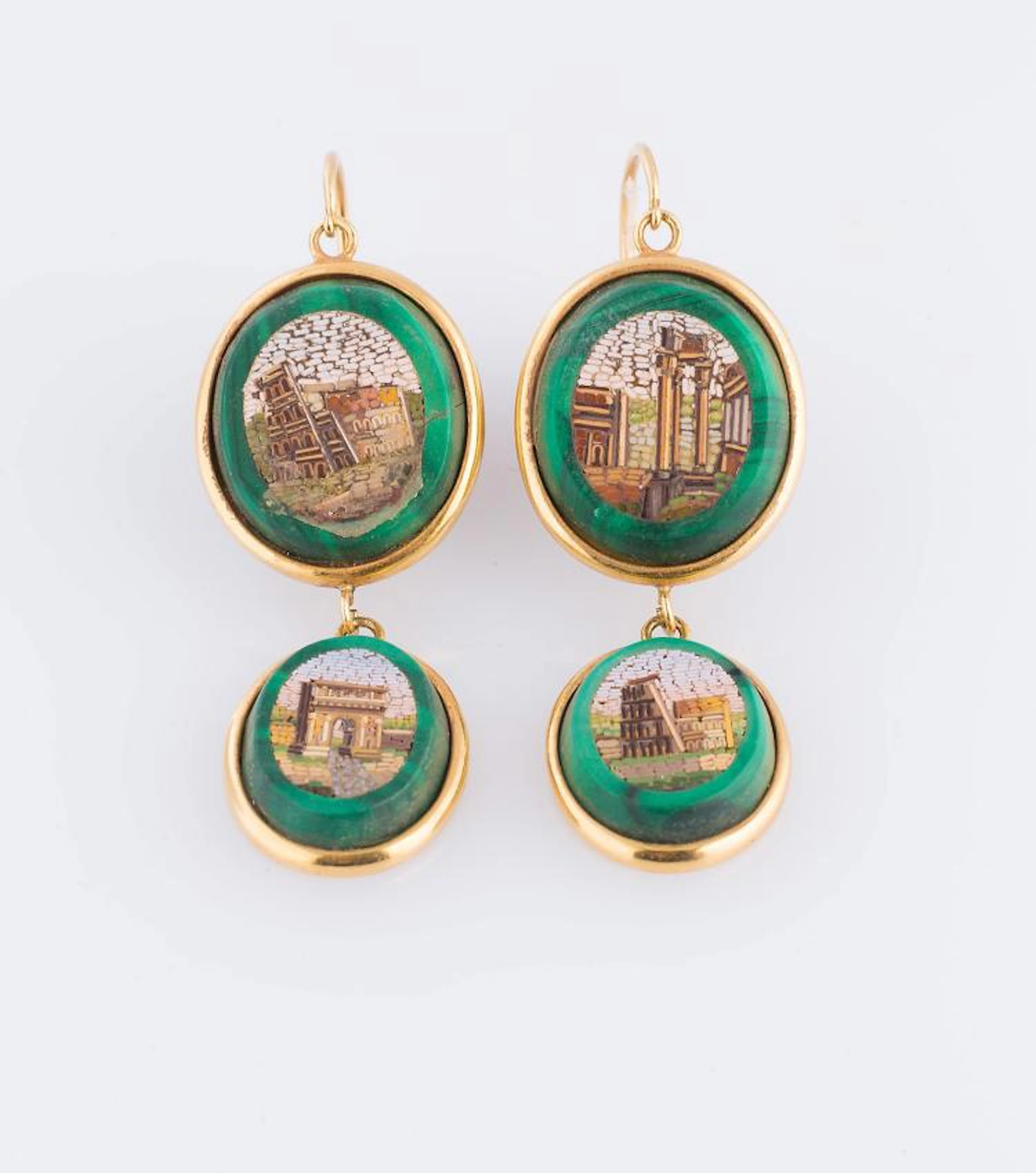 Orecchini in oro malachite e micromosaico gr 22.
