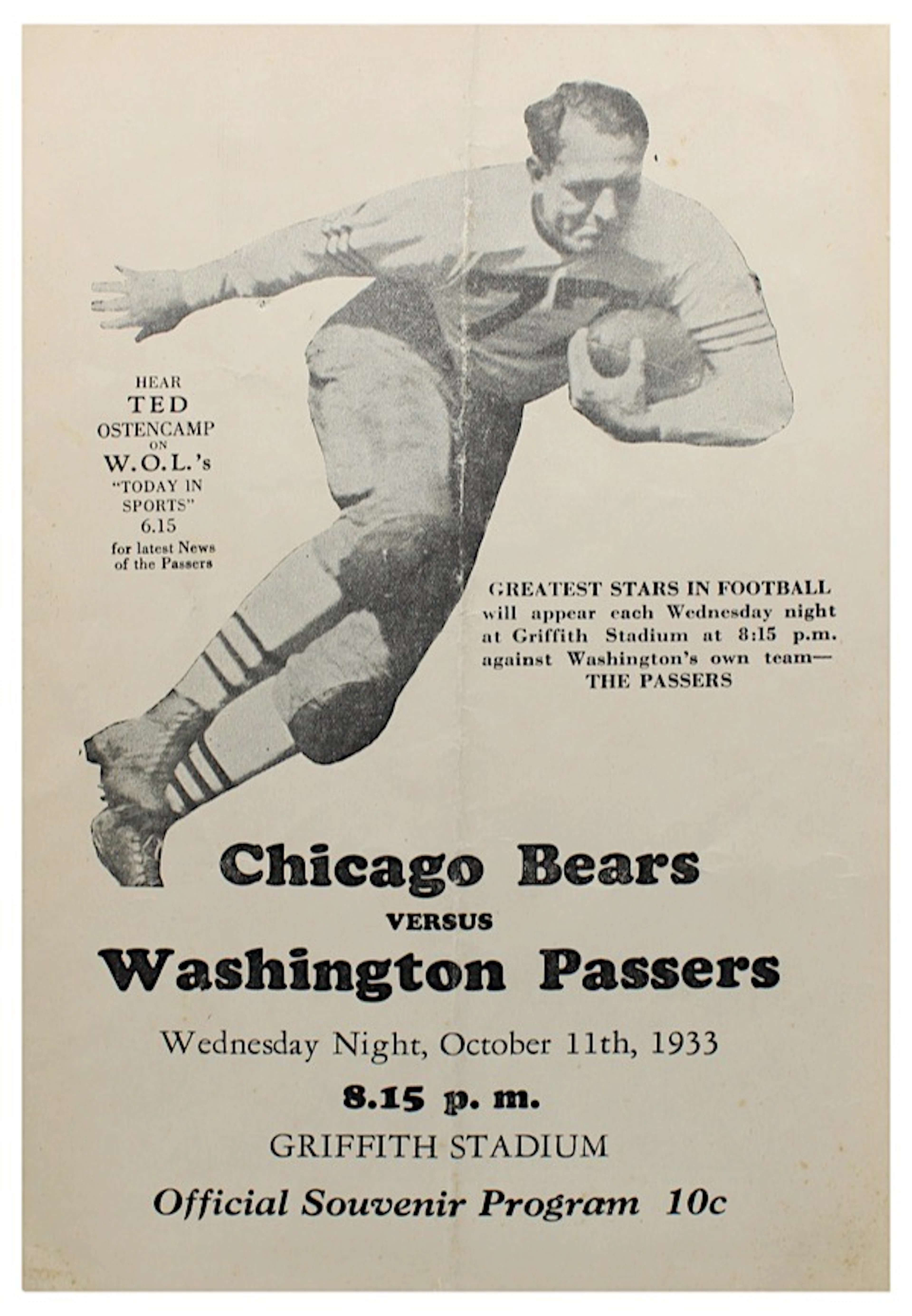 10/11/1933 Chicago Bears vs. Washington Passers Official Souvenir Program