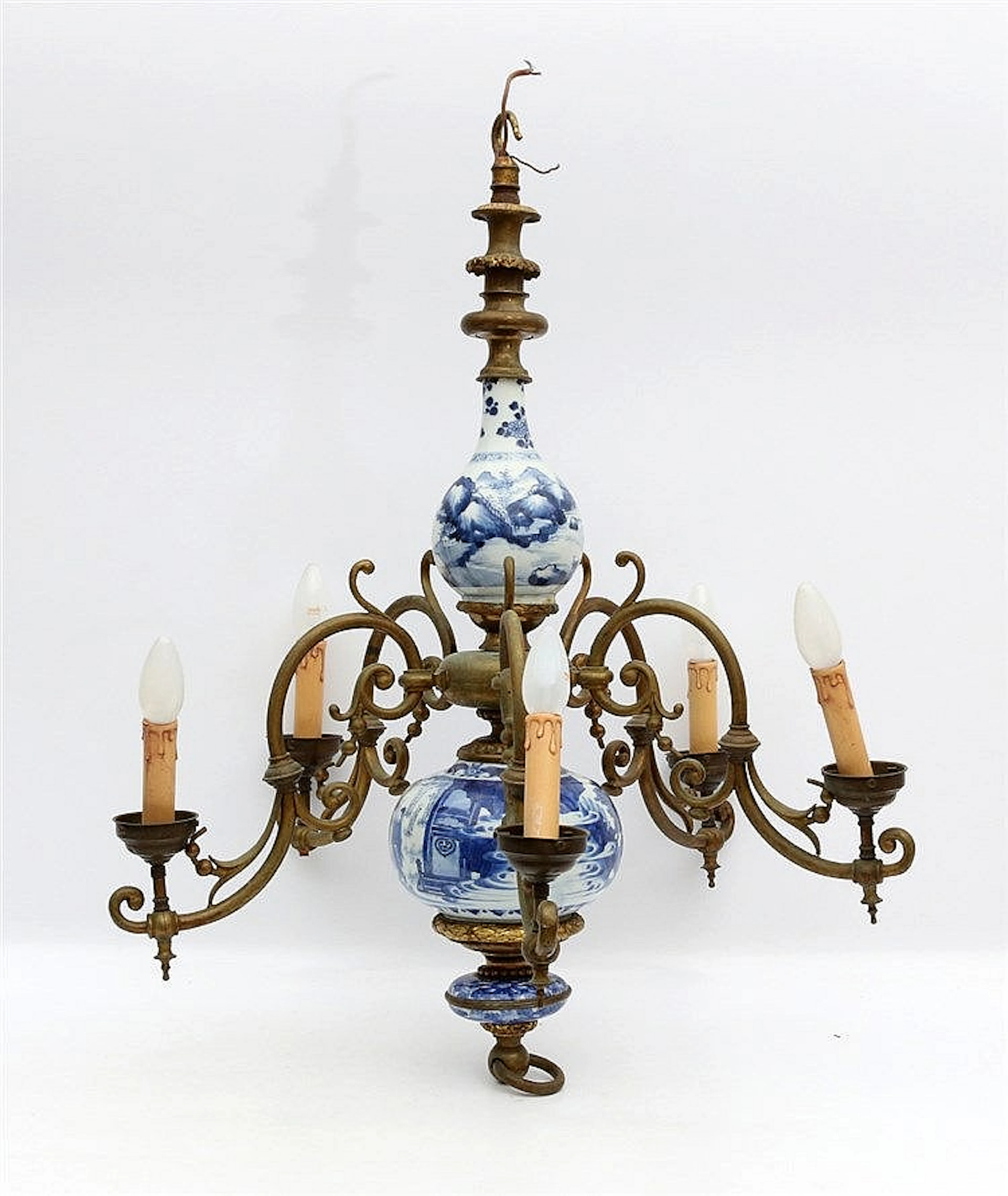 A metal five0-armed electrified chandelier consisiting of Chines