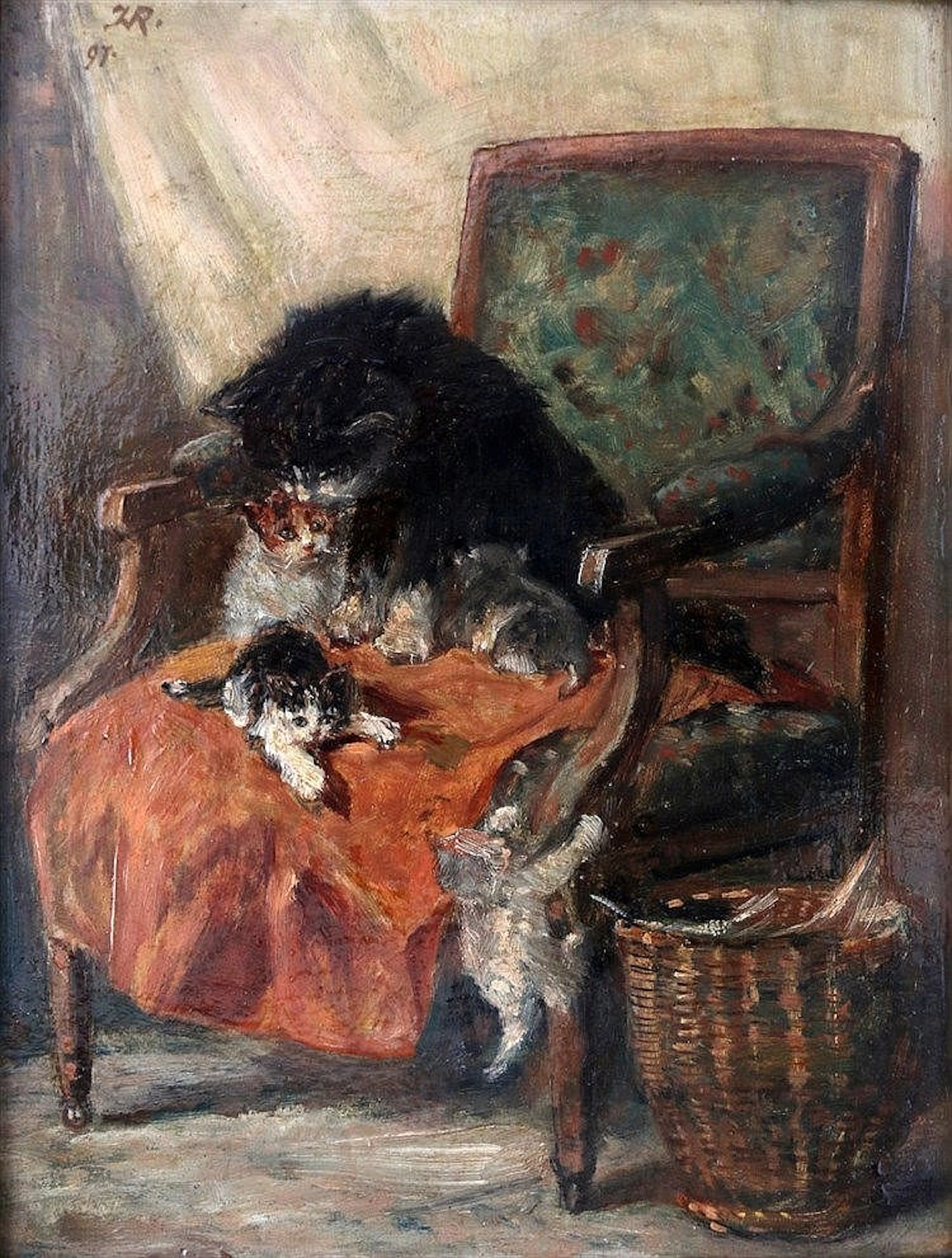 Henriëtte Ronner-Knip (1821-1909) Cat family in an armchair. Sign