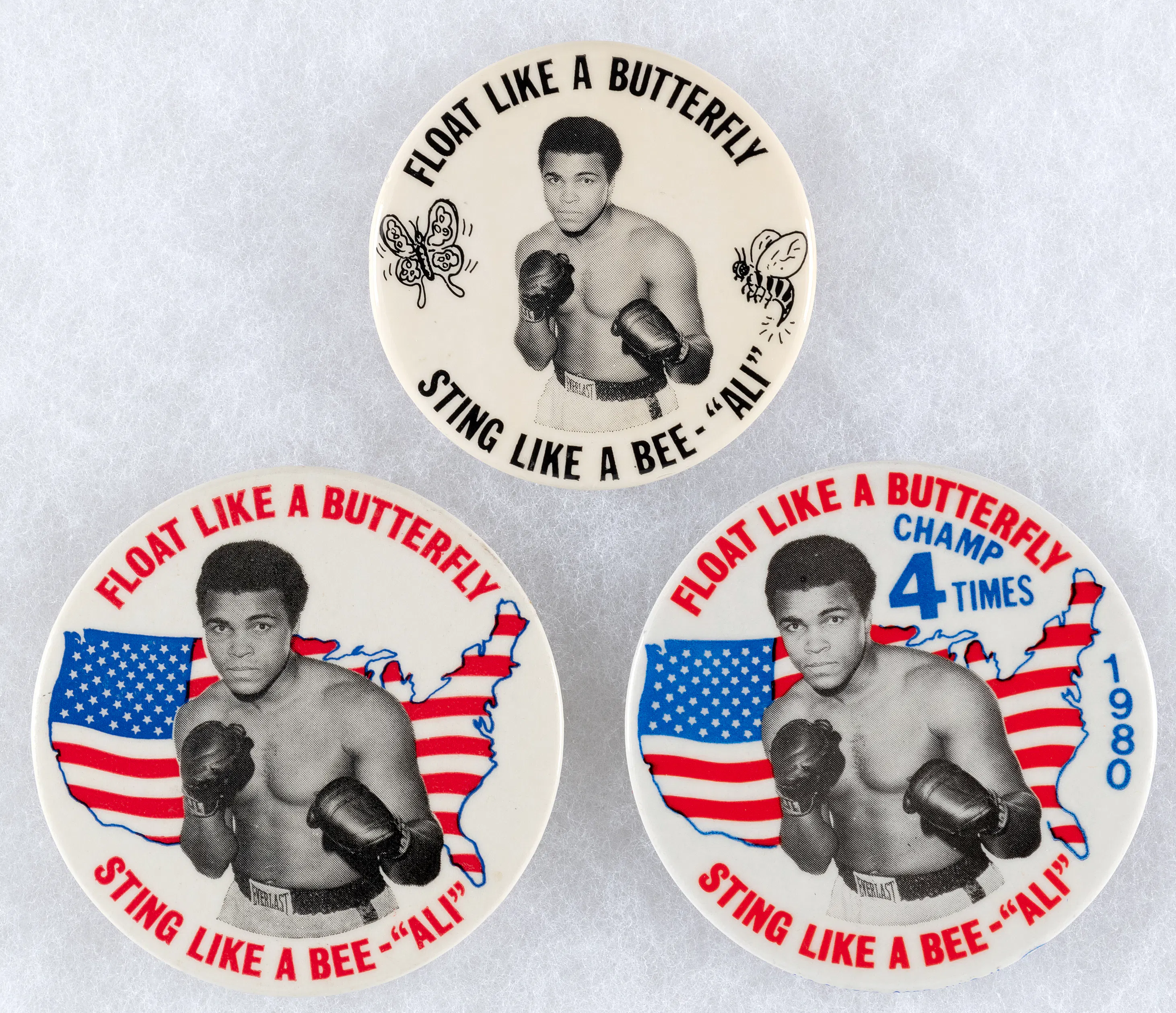 1974 TO 1980 MUHAMMAD ALI THREE BUTTON VERSIONS OF HIS 