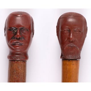 HARRISON & CLEVELAND 1888 MOLDED BUST CANE TOPPER PAIR.