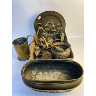 A box of antique brass wares; B Libach brass drinking jug da...