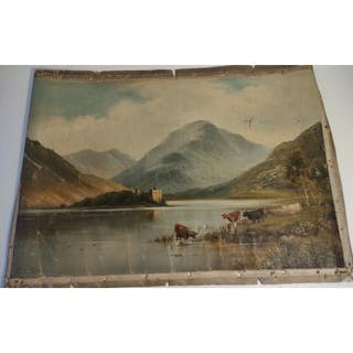 A Victorian unframed oil painting depicting highland castle ...