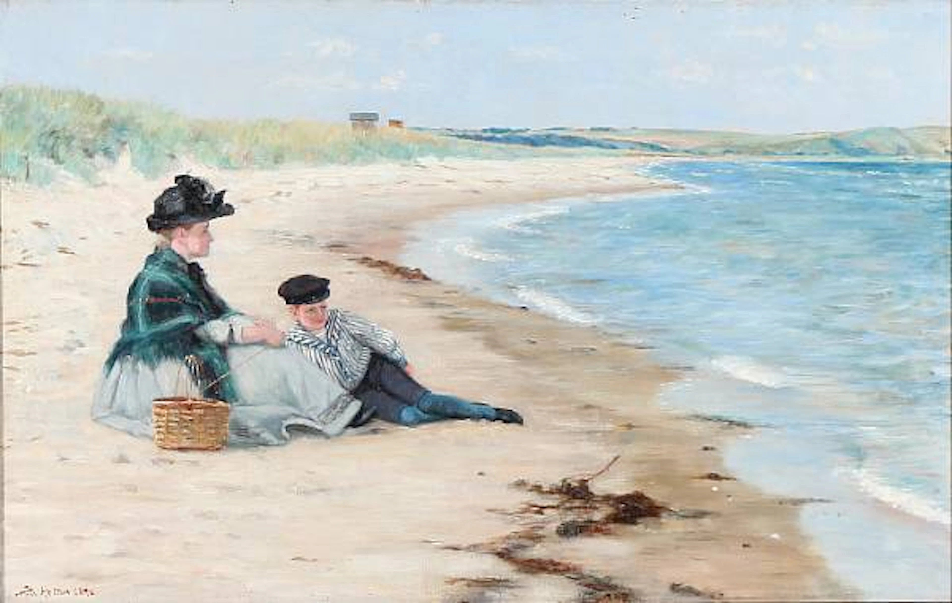 Sofie Holten: Beach scene with a mother and her son. Signed and dated