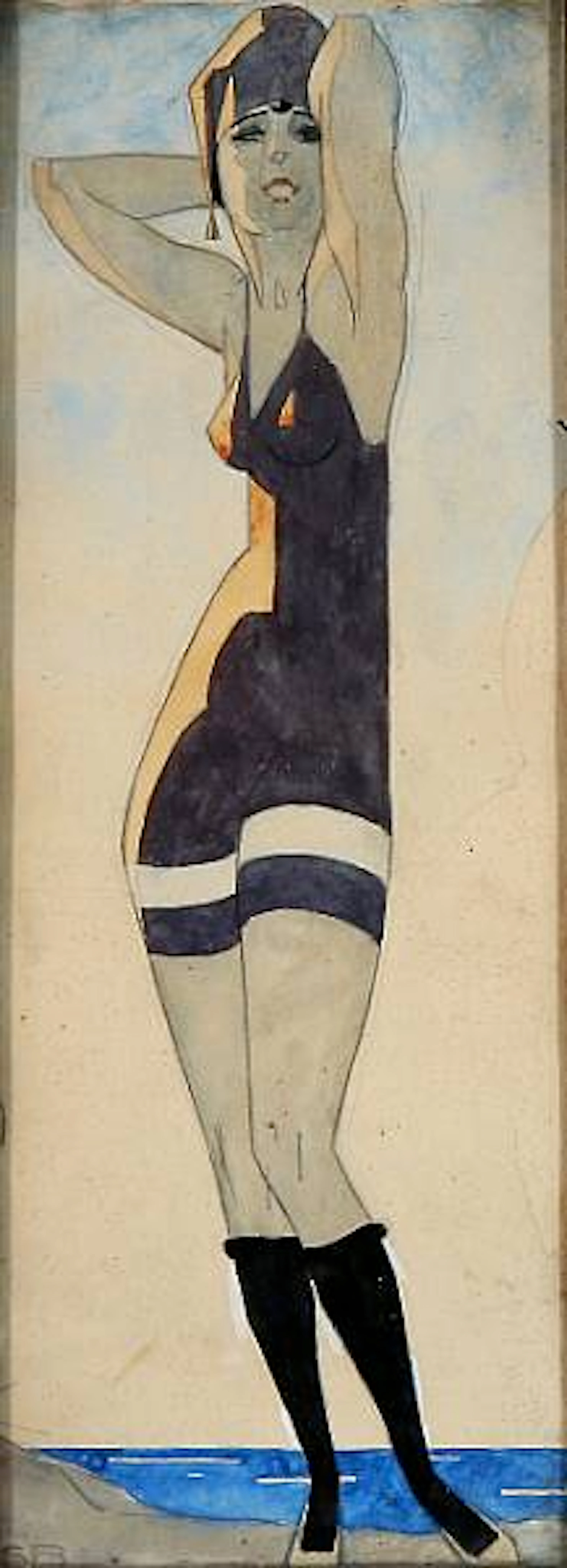 Sven Brasch: Standing woman. Signed SB. Water colour on paper. 32 x 12 cm.