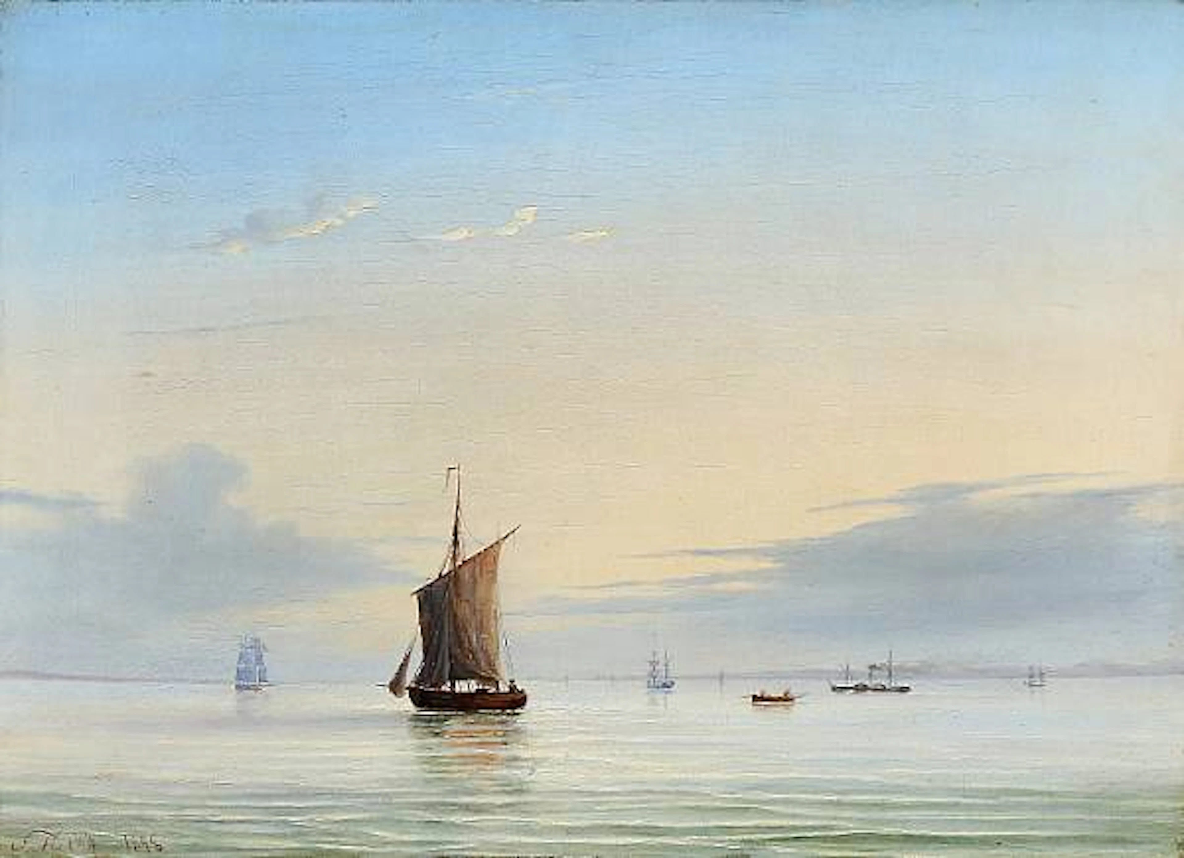 Fritz Melbye: Seascape with sailing ships an early morning. Signed