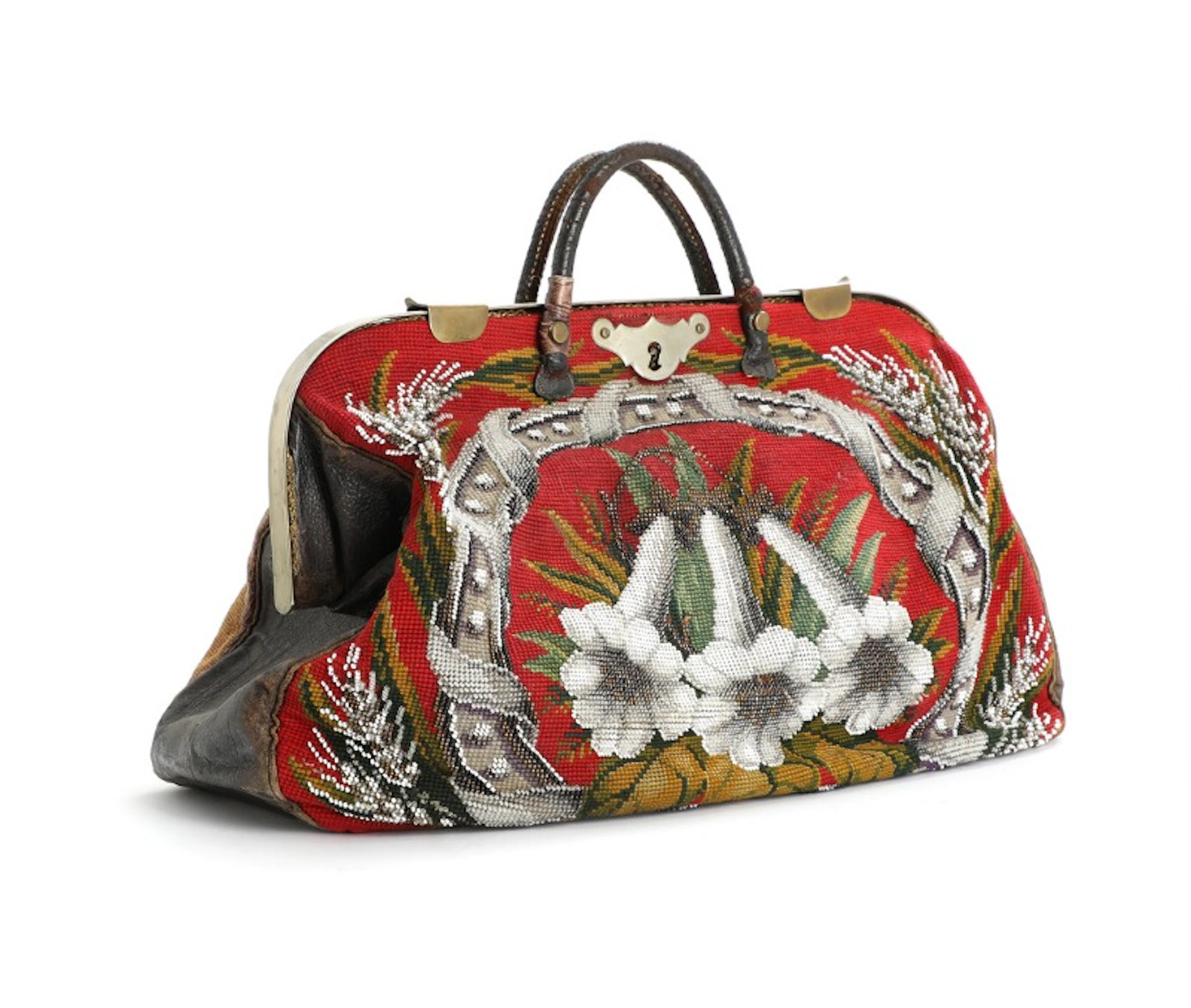 A French Napoleon III pearl embroidery traveler bag