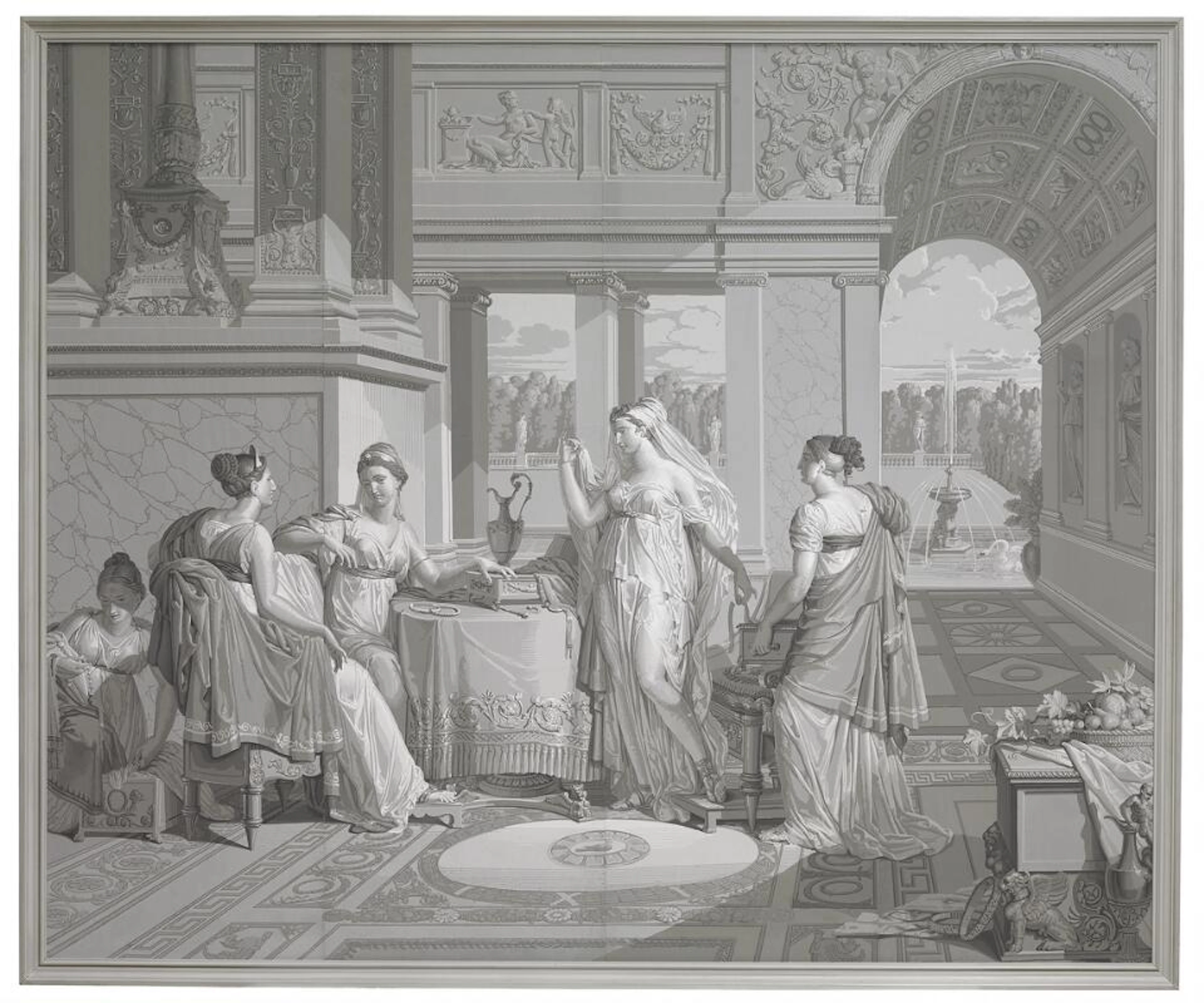 A French grisaille wallpaper on panel