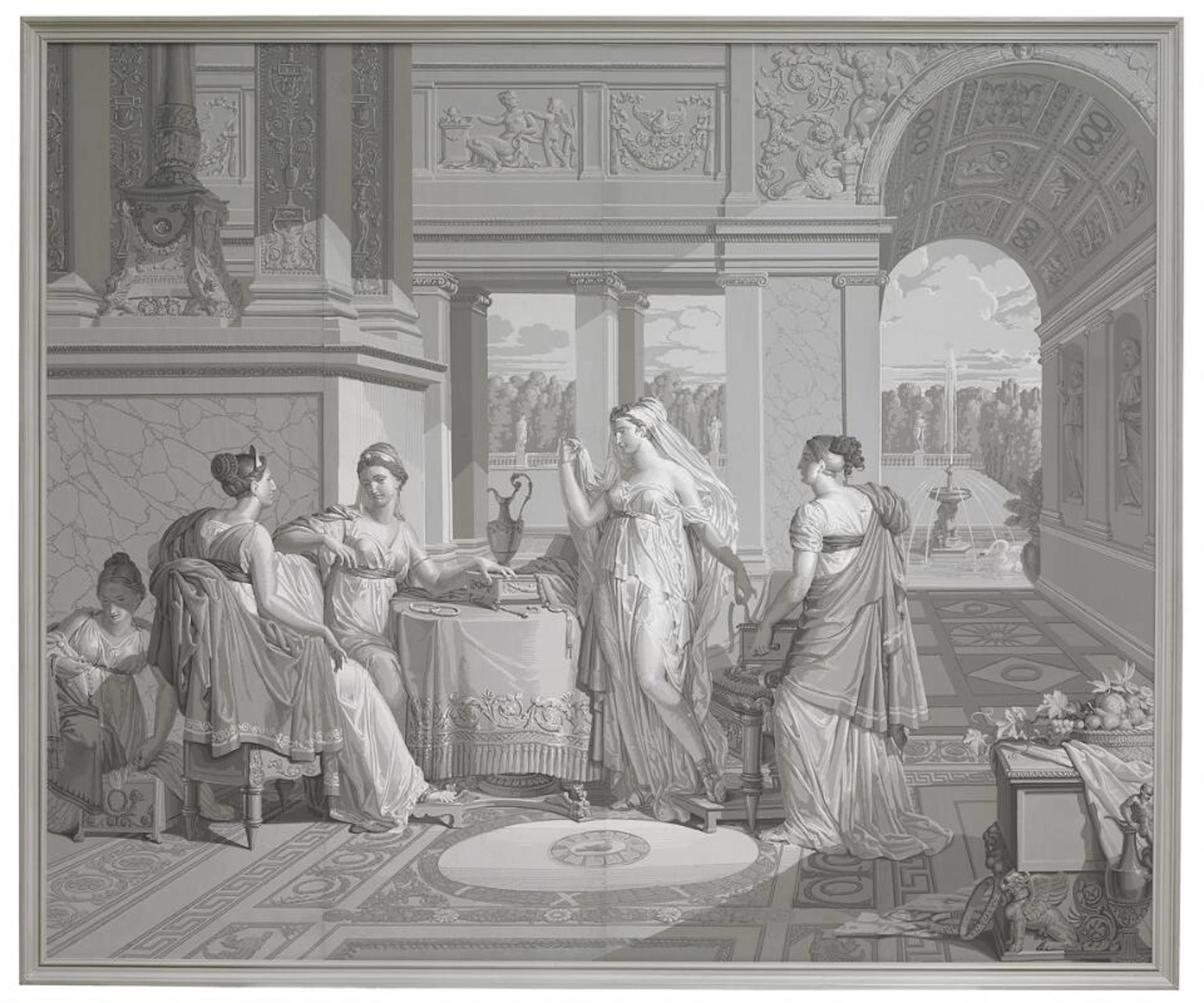 A French grisaille wallpaper on panel
