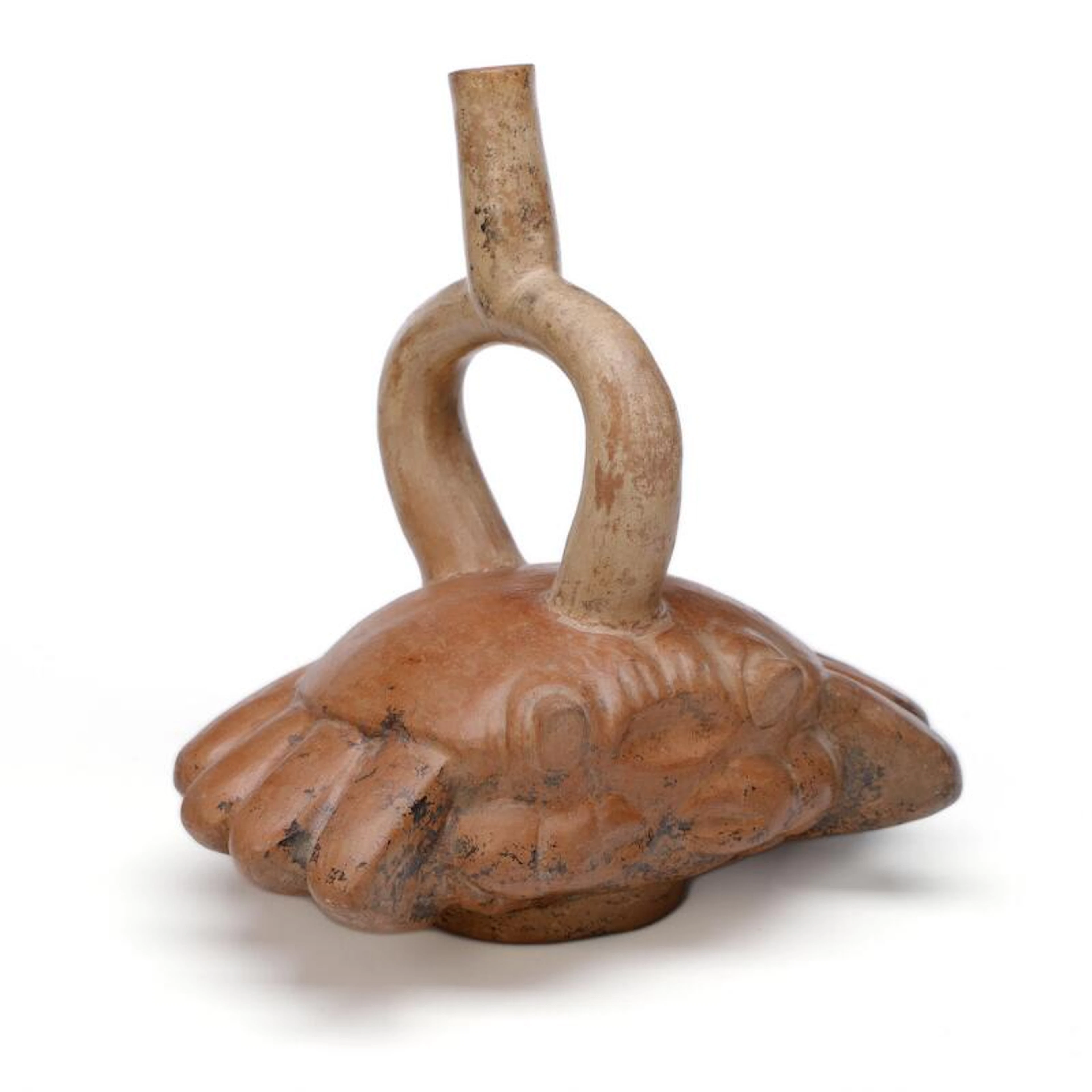 Moche ceramic stirrup vessel in shape of a crap