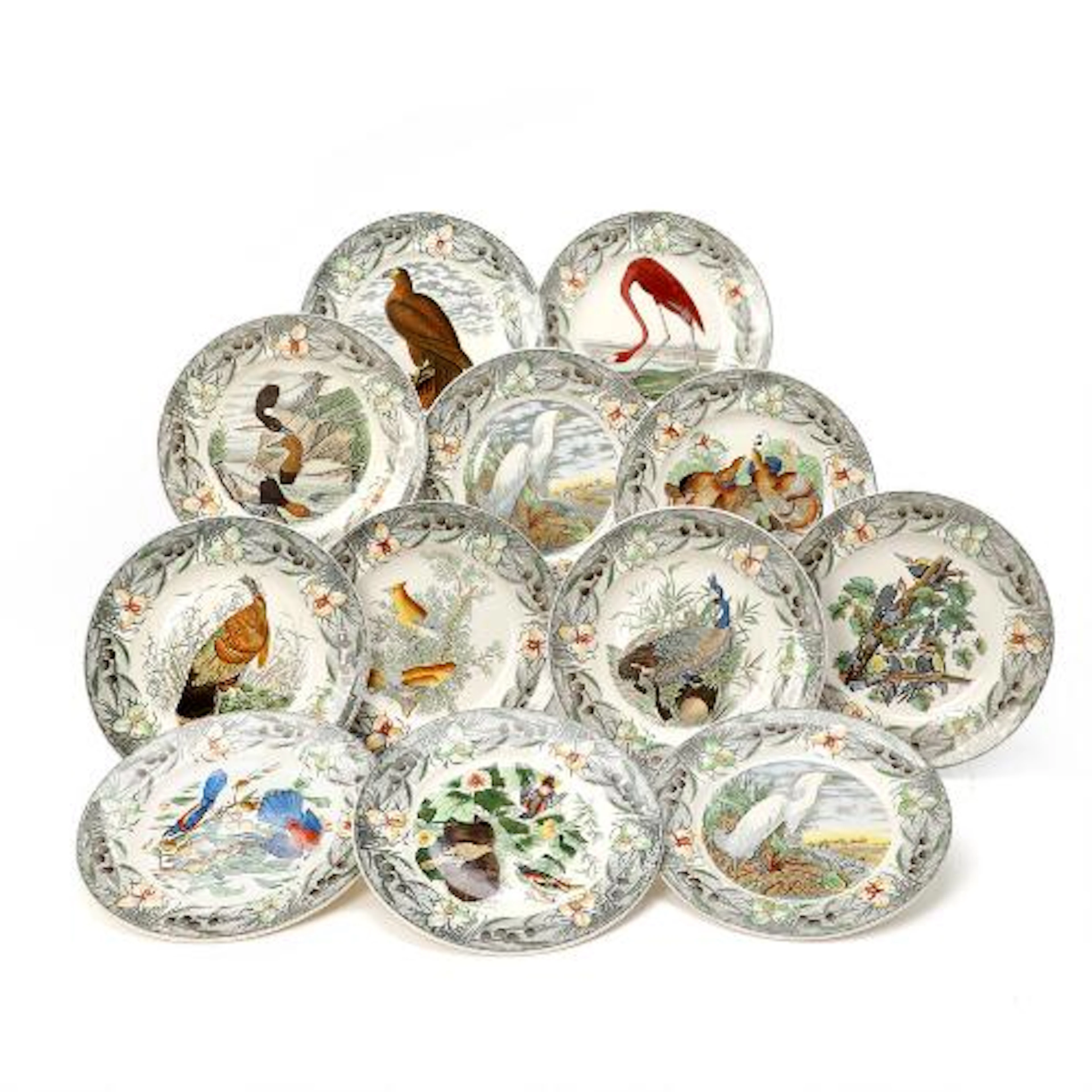 Set of 12 faience plates with printed decoration “The Birds of