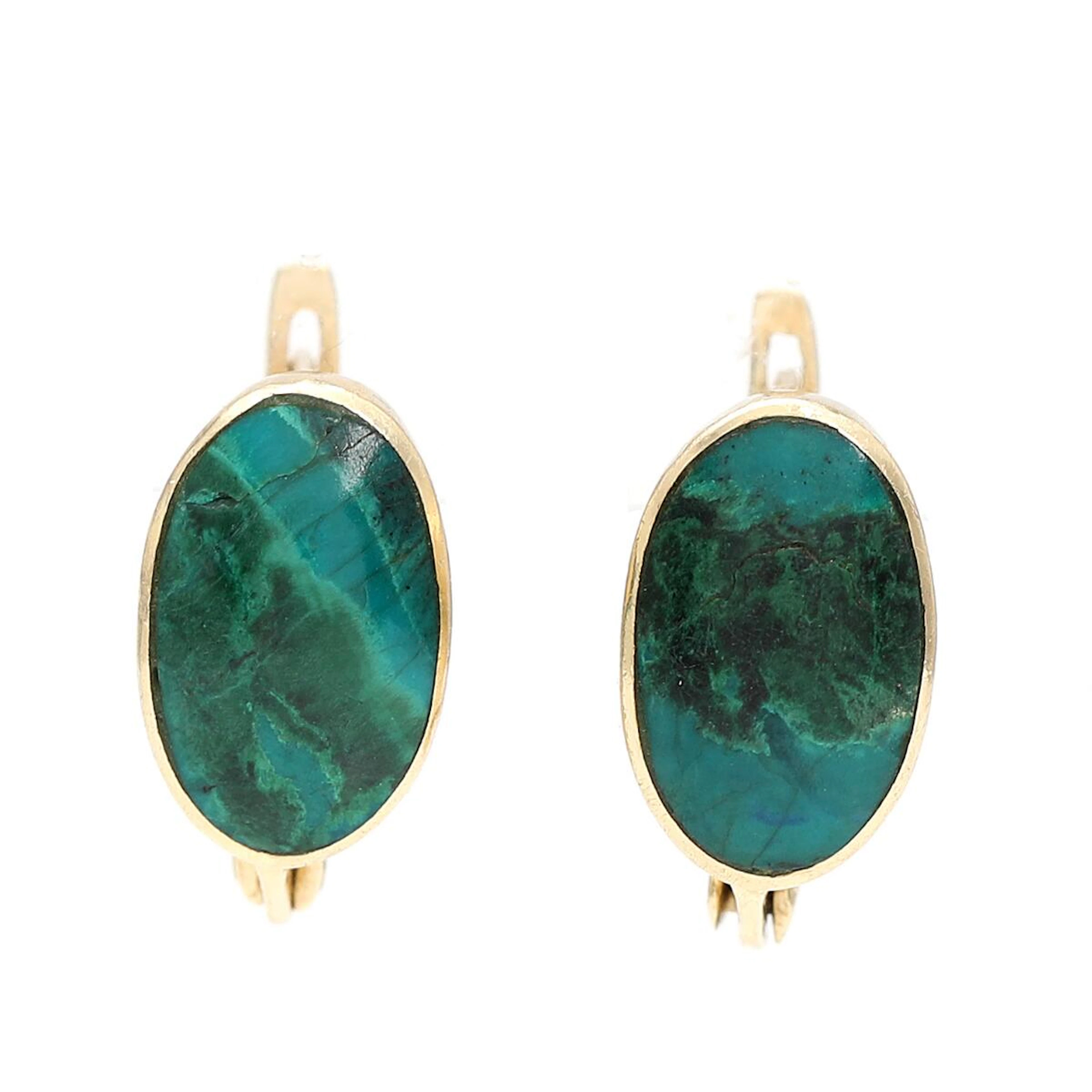 A pair of azurite earrings each set with cabochon-cut azurite
