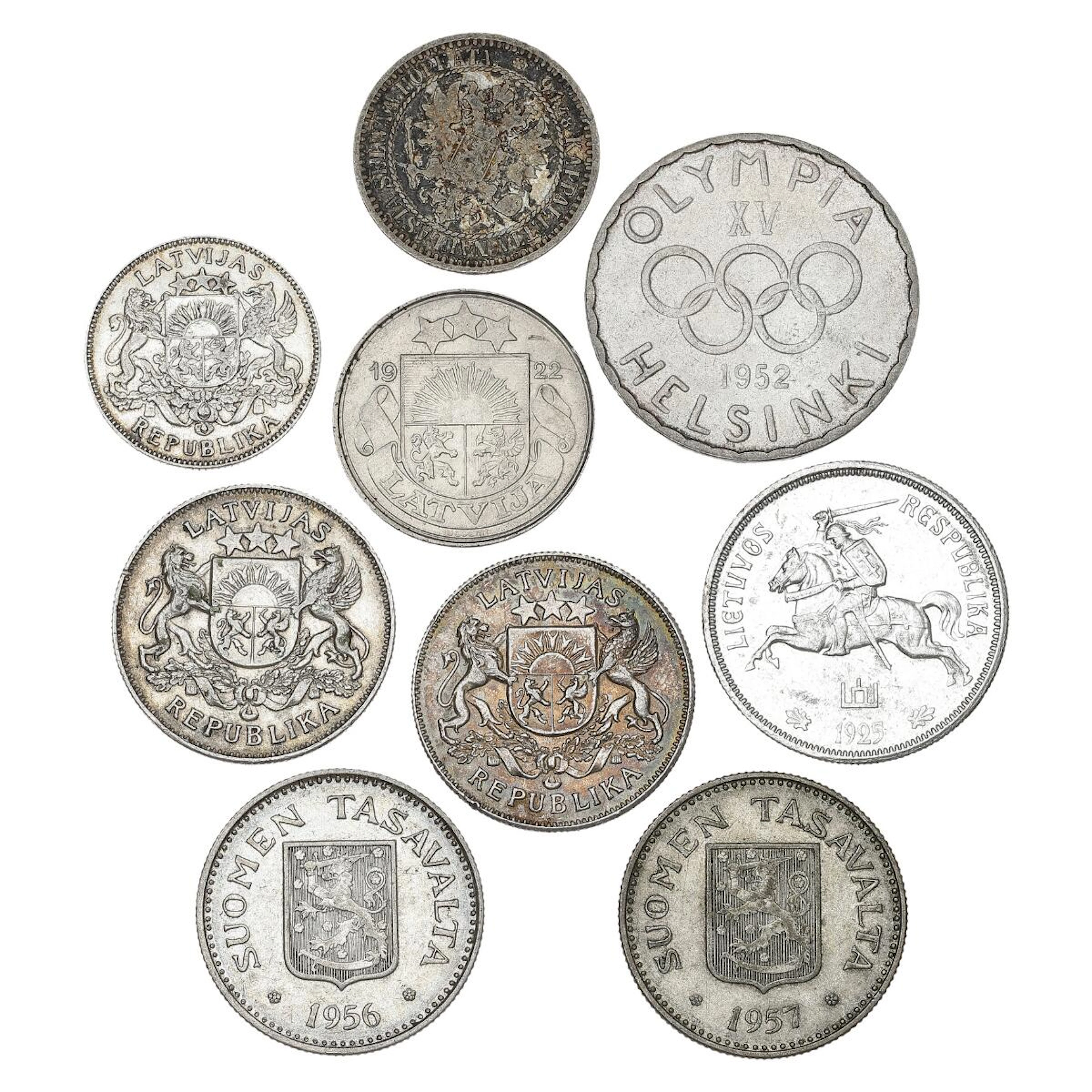 Collection of coins from Finland, Latvia and Lithuania, 1866–1957. (9)