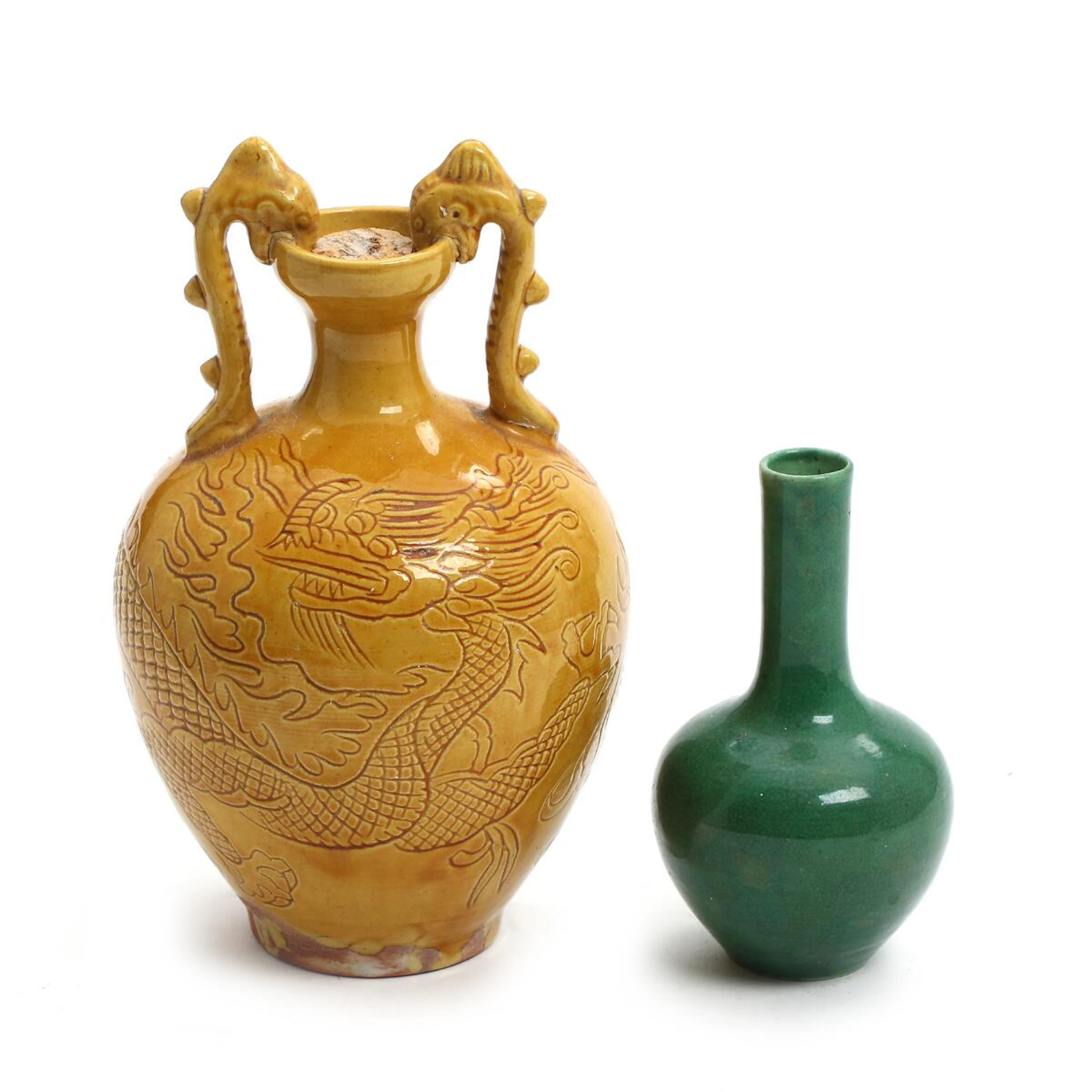 Chinese porcelain vase and bottle vase in monochrome green and yellow glaze