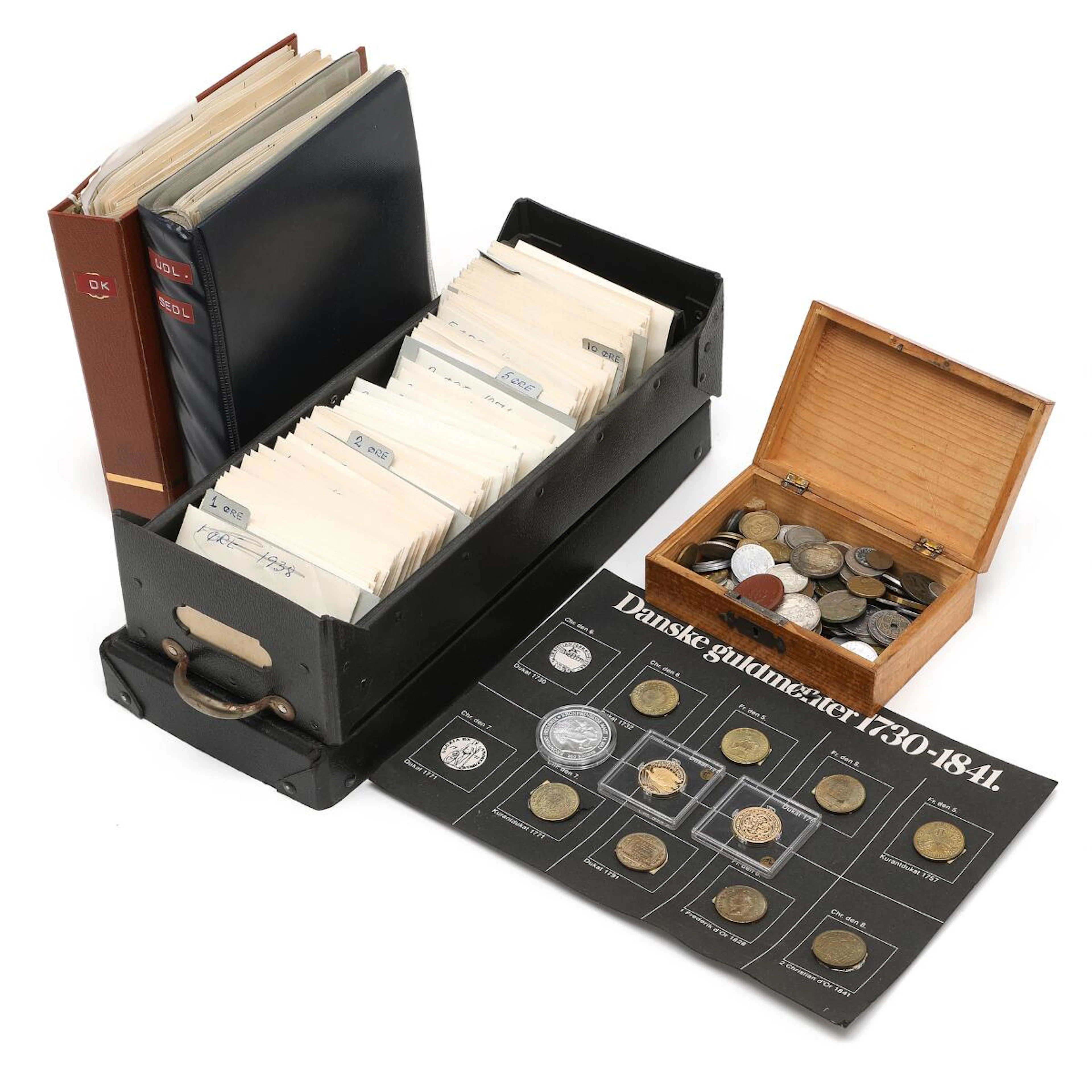 2 albums and 2 boxes with collection of Danish coins