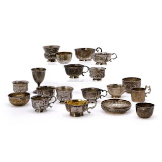 A collection of ten Russian silver vodka cups