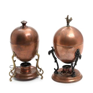 Two Englisg circa 1900 patinated copper and metal egg warmers