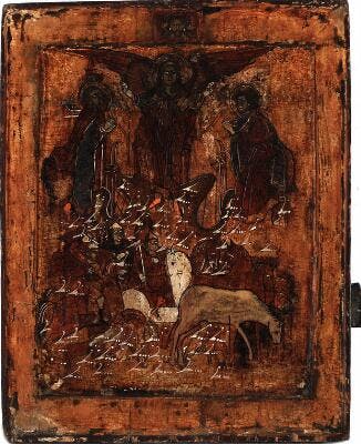 A Russian icon with depiction of the Saints Florus and Laurus. Tempera ...
