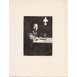 Käthe Kollwitz: "Selbstbild am Tisch mit Lampe", 1893. Inscribed K.