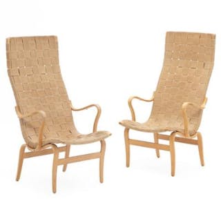 Bruno Mathsson: "Eva Hög". A pair of high backed easy chairs of beech.