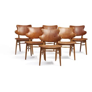 Ib Kofod-Larsen, attributed: Set of six patinated oak chairs. Upholstered
