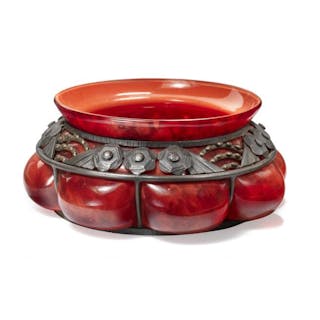 Louis Majorelle: A large, circular red, marbled glass jardiniere.