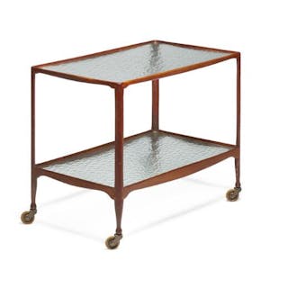 Peder Moos: Mahogany serving trolley mounted on castors. Top and underlying