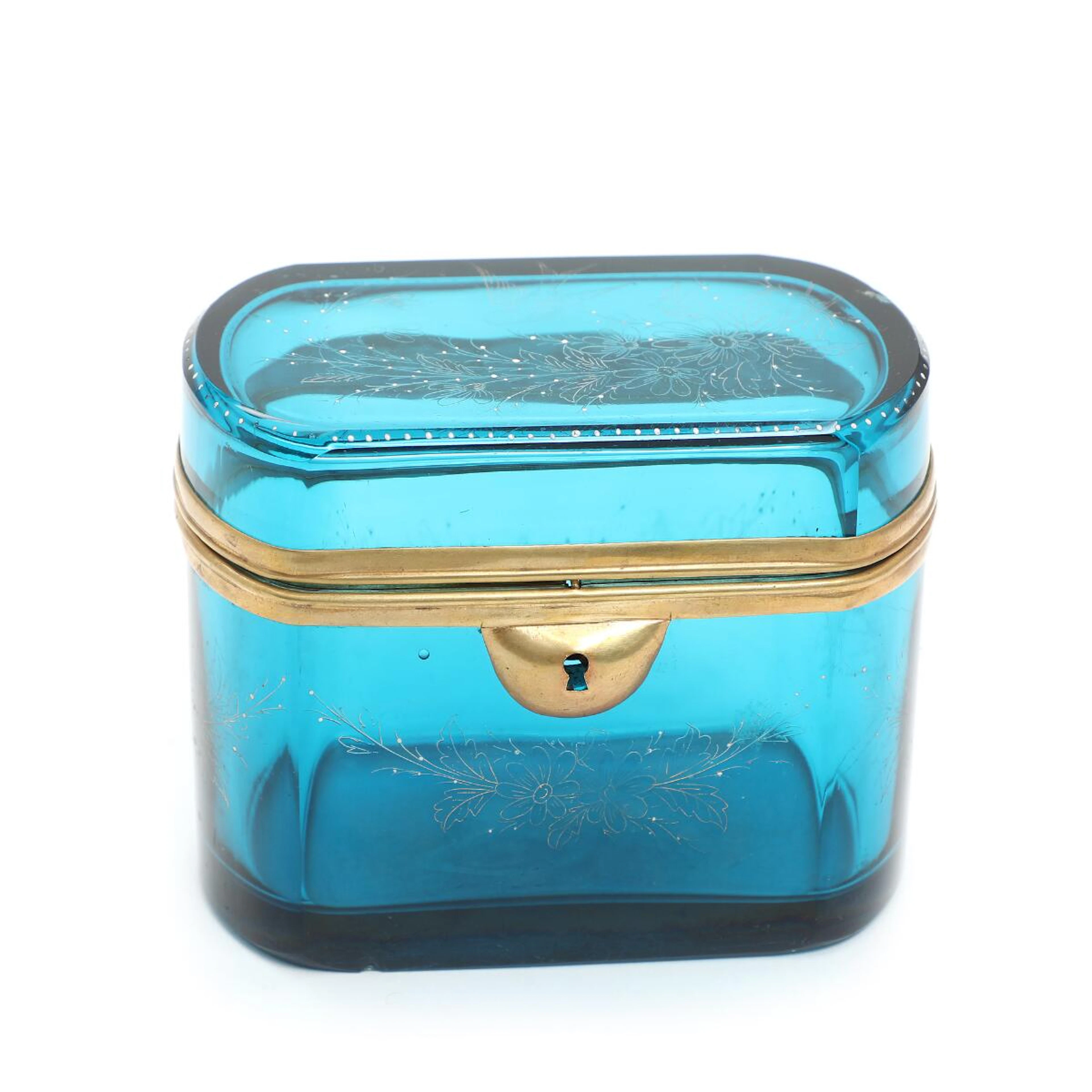 A 19th century blue glass trinket box with brass mounting