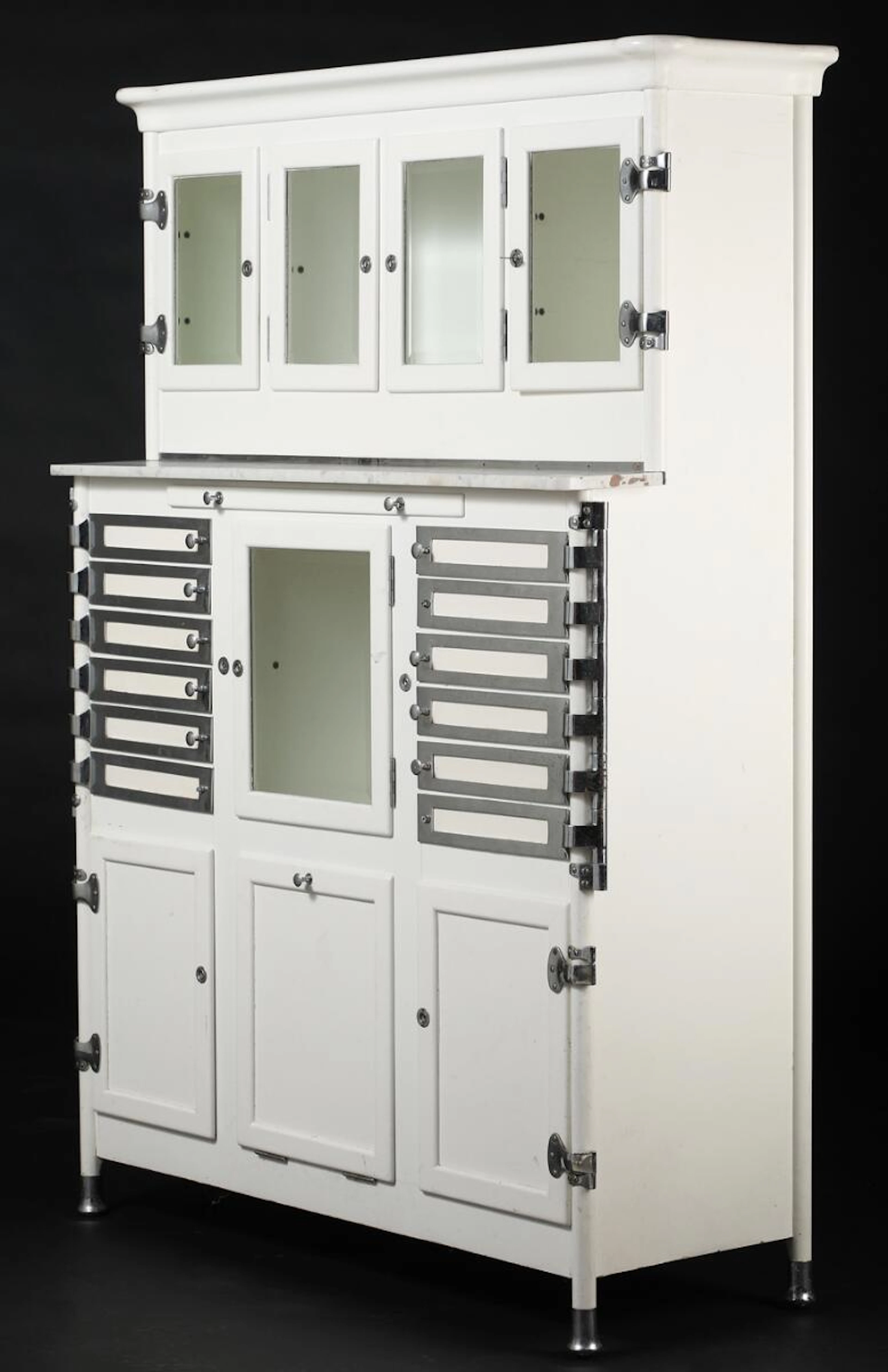 A white lacquered and chromed metal and wood Dentist's cabinet