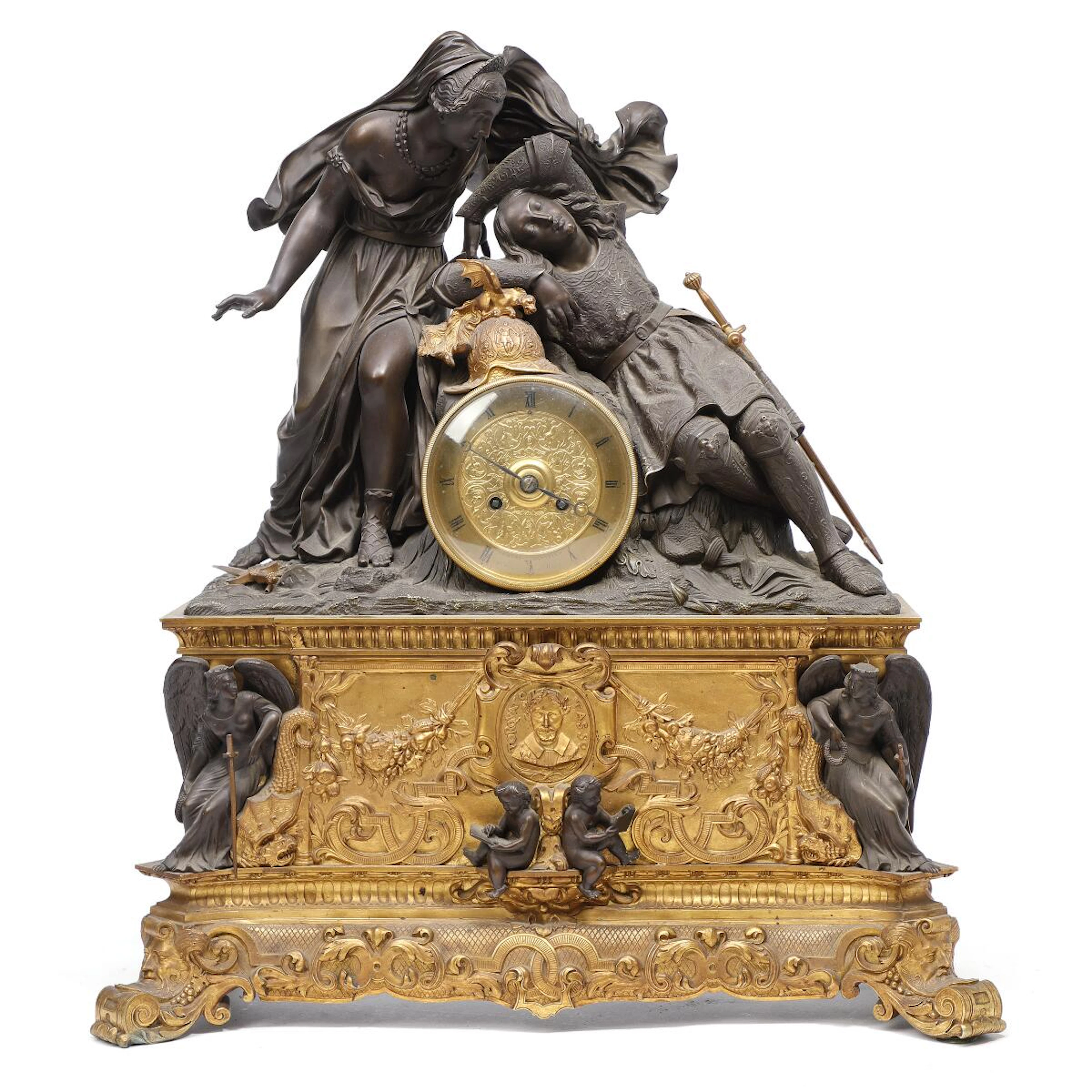 A large French table clock of gilt and patinated bronze