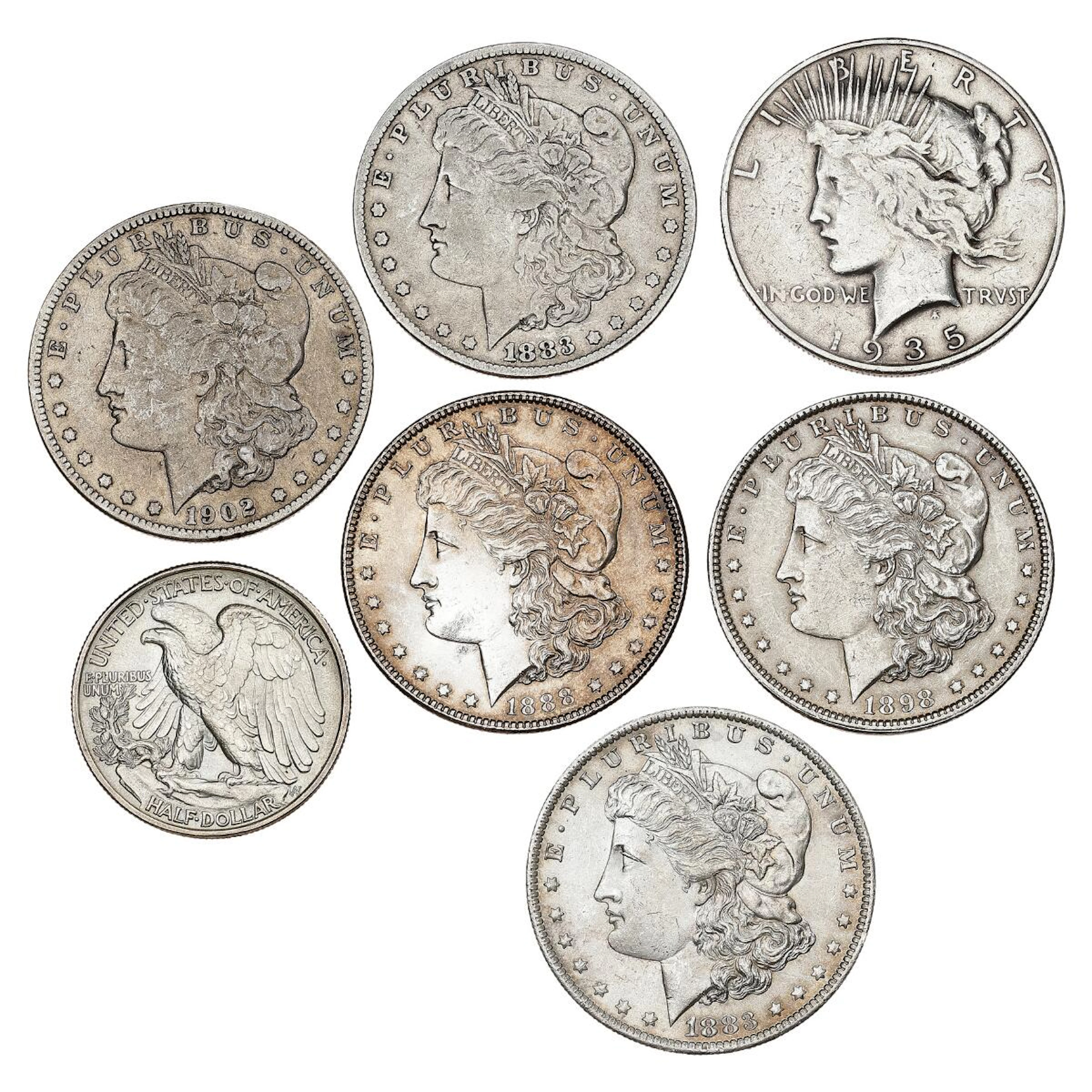 USA, Dollar 1883, 1883 O, 1888, 1898, 1902 O, 1935 S; Half Dollar 1943. (7)