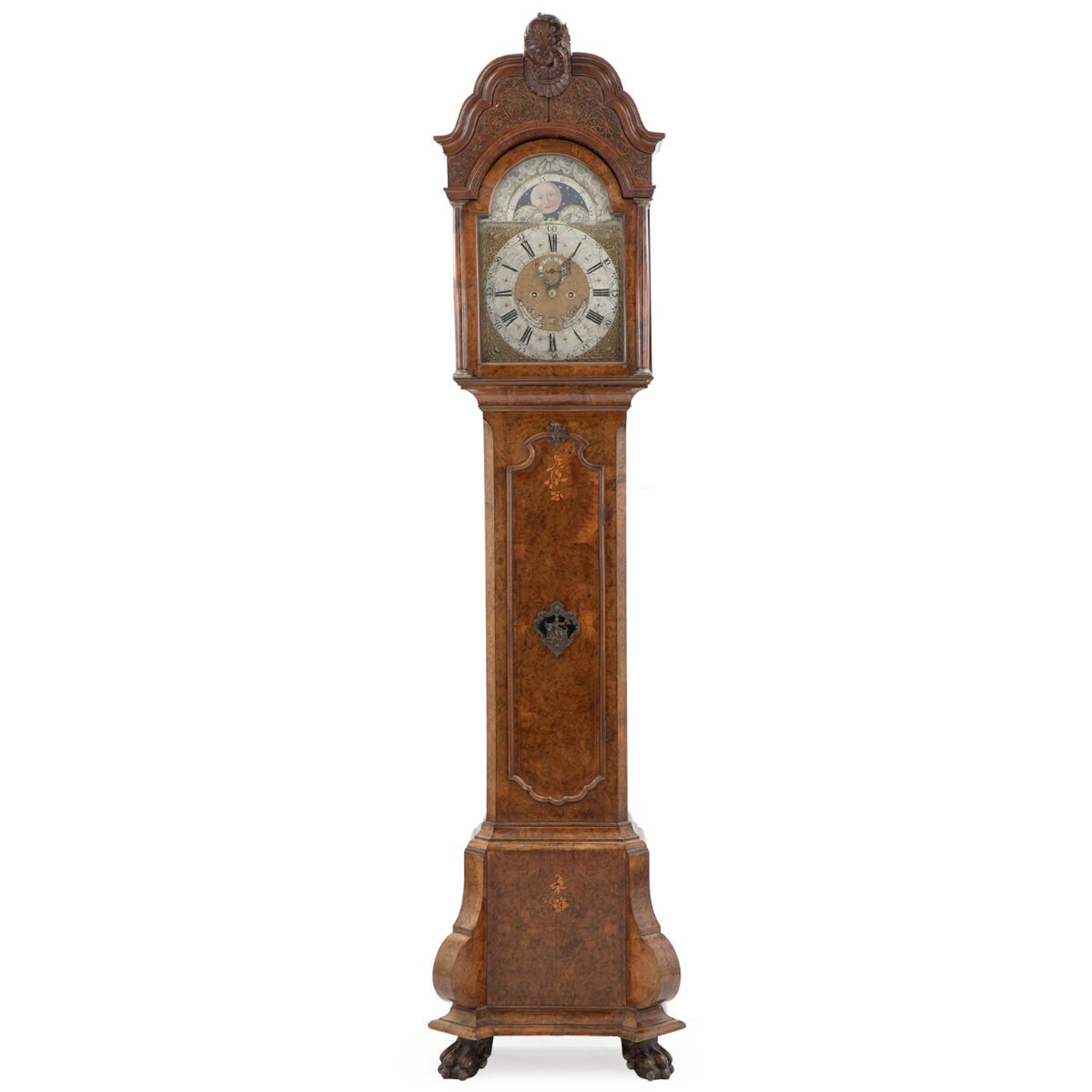 A Dutch longcase clock in burr wood and walnut case inlaid with light wood
