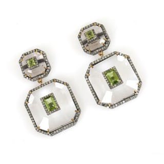 A pair of peridote and diamond ear pendants each set with two peridotes