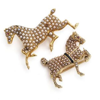 Two antique brooches in the shape of horses each set with numerous