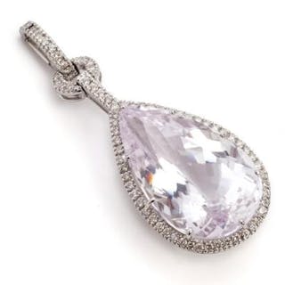 A kunzite and diamond pendant set with a kunzite encircled by diamonds