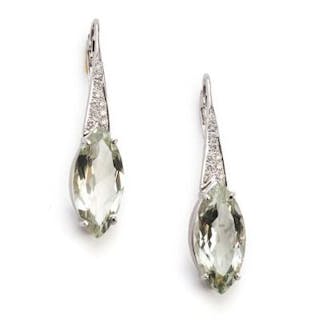 A pair of quartz and diamond ear pendants each set with a green quartz