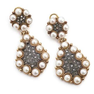 A pair of pearl and diamond ear pendants each set with numerous cultured