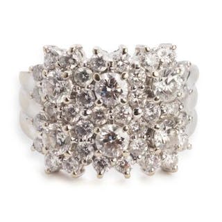 A wide diamond ring set with numerous brilliant-cut diamonds weighing