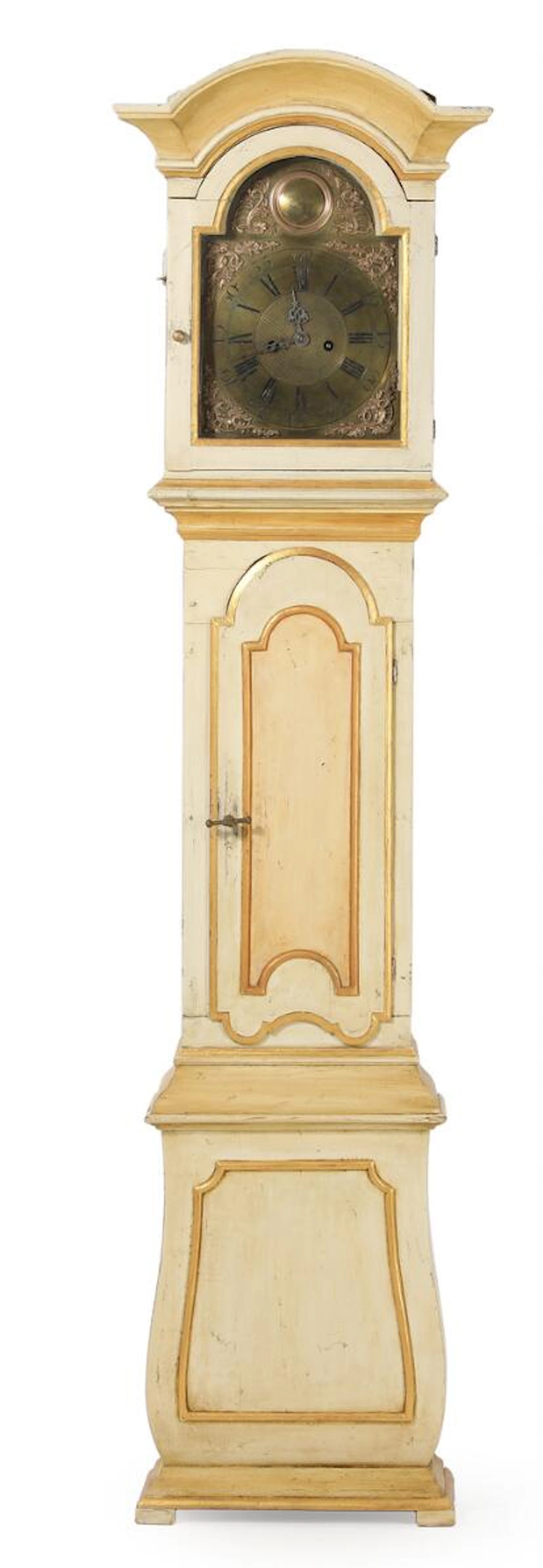 A Danish 18th century gilded and white painted wood Rococo longcase clock