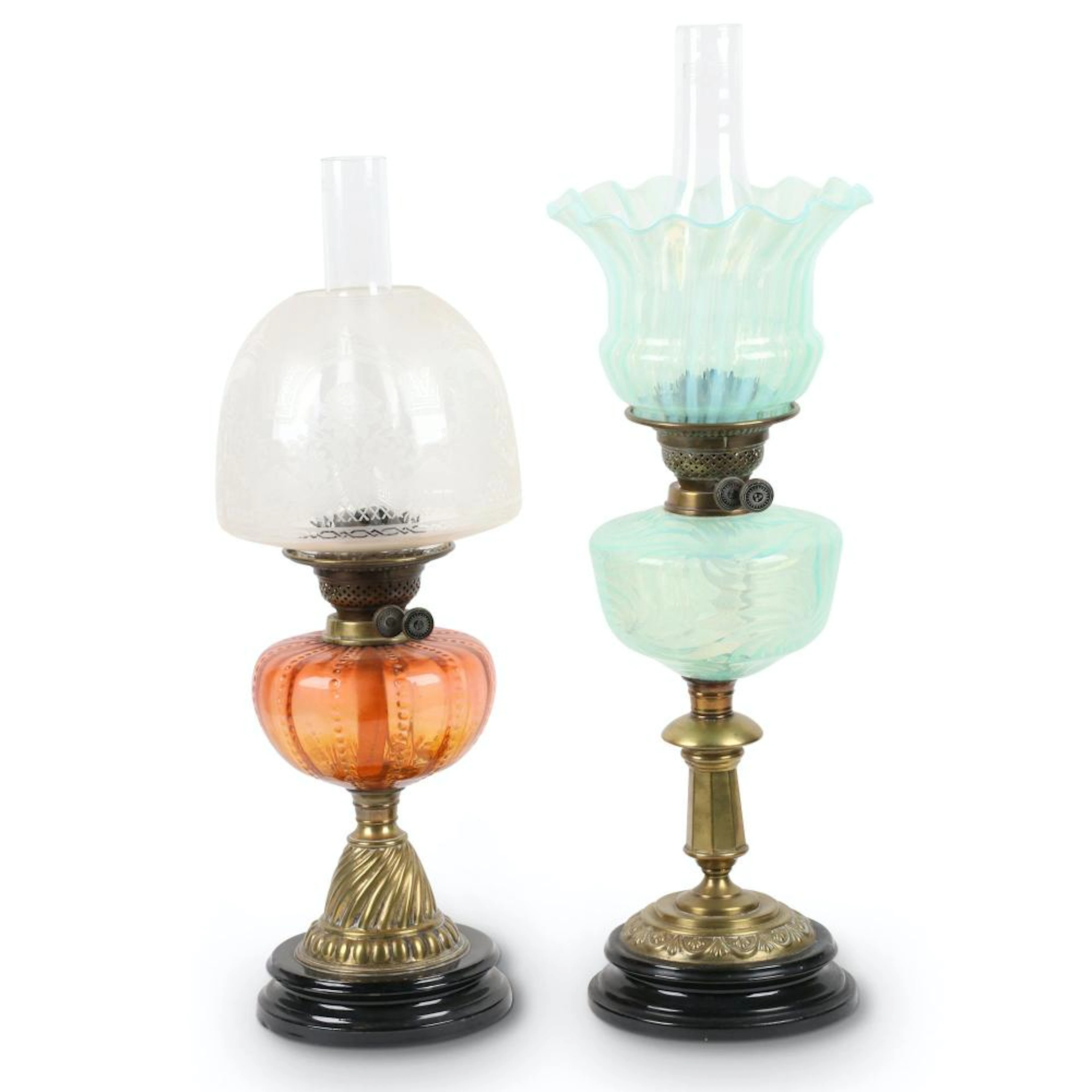 Victorian Glass and Brass Banquet Lamps