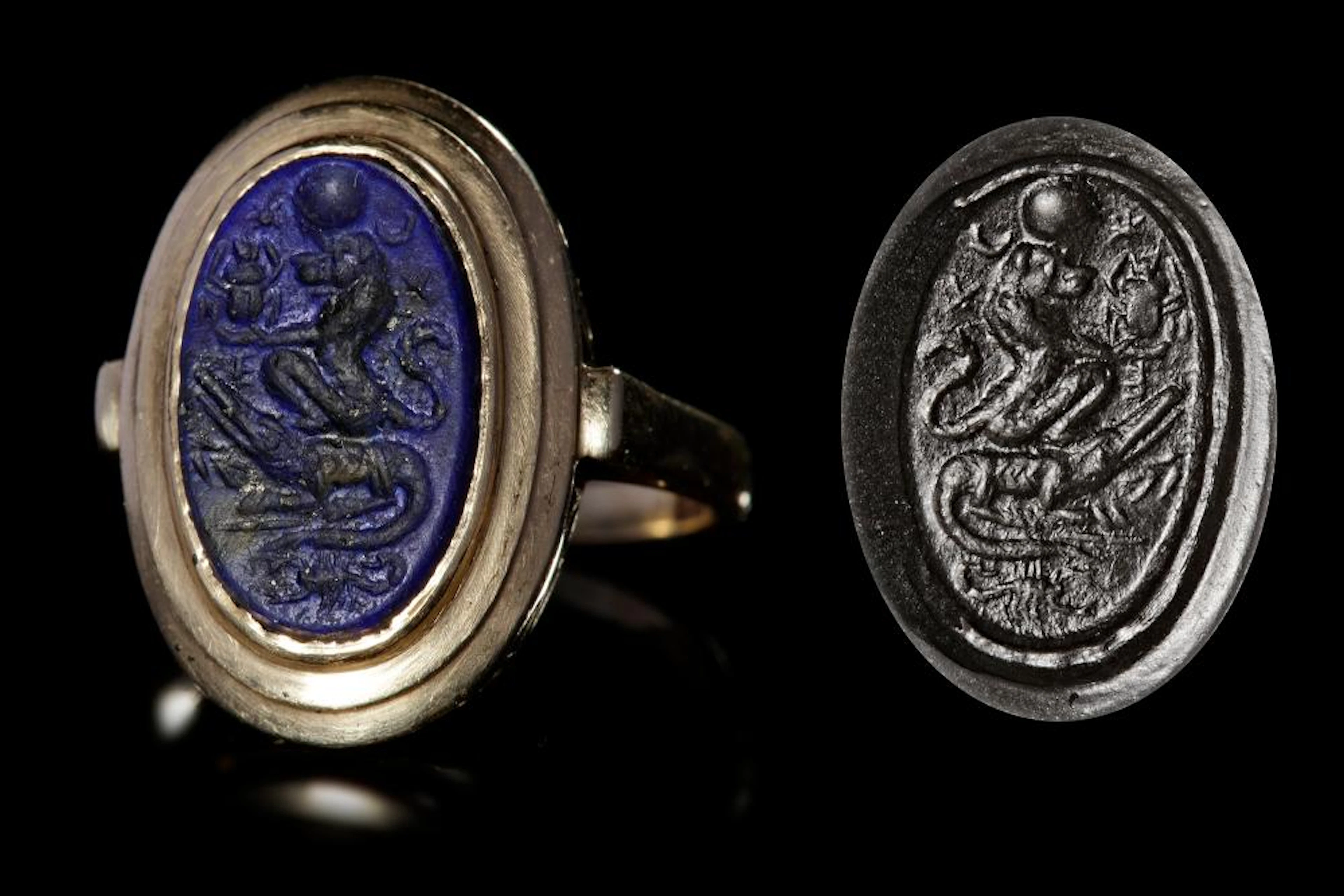 A LAPIS LAZULI GNOSTIC INTAGLIO MOUNTED IN A LATER RING, 2ND-3RD CENTURY AD
